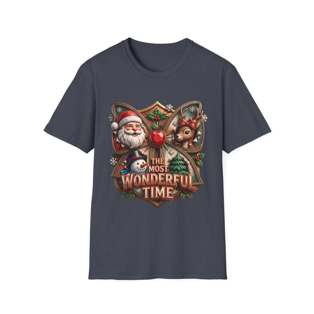 The Most Wonderful Time Wood Crest Santa print on the front of a Heather Navy t-shirt, laid flat on white