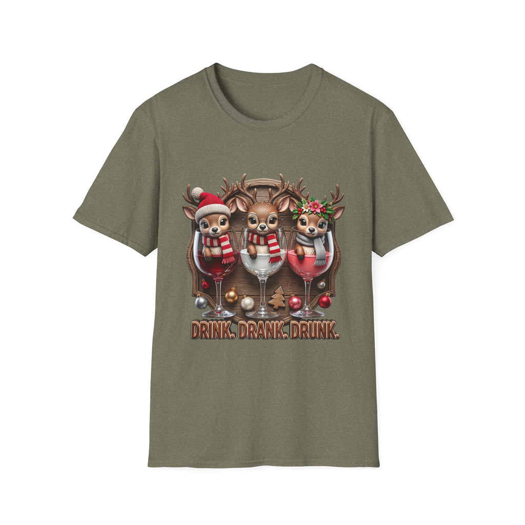 Drink Drank Drunk Reindeer Wine Trio print on the front of a Heather Military Green t-shirt, laid flat on white