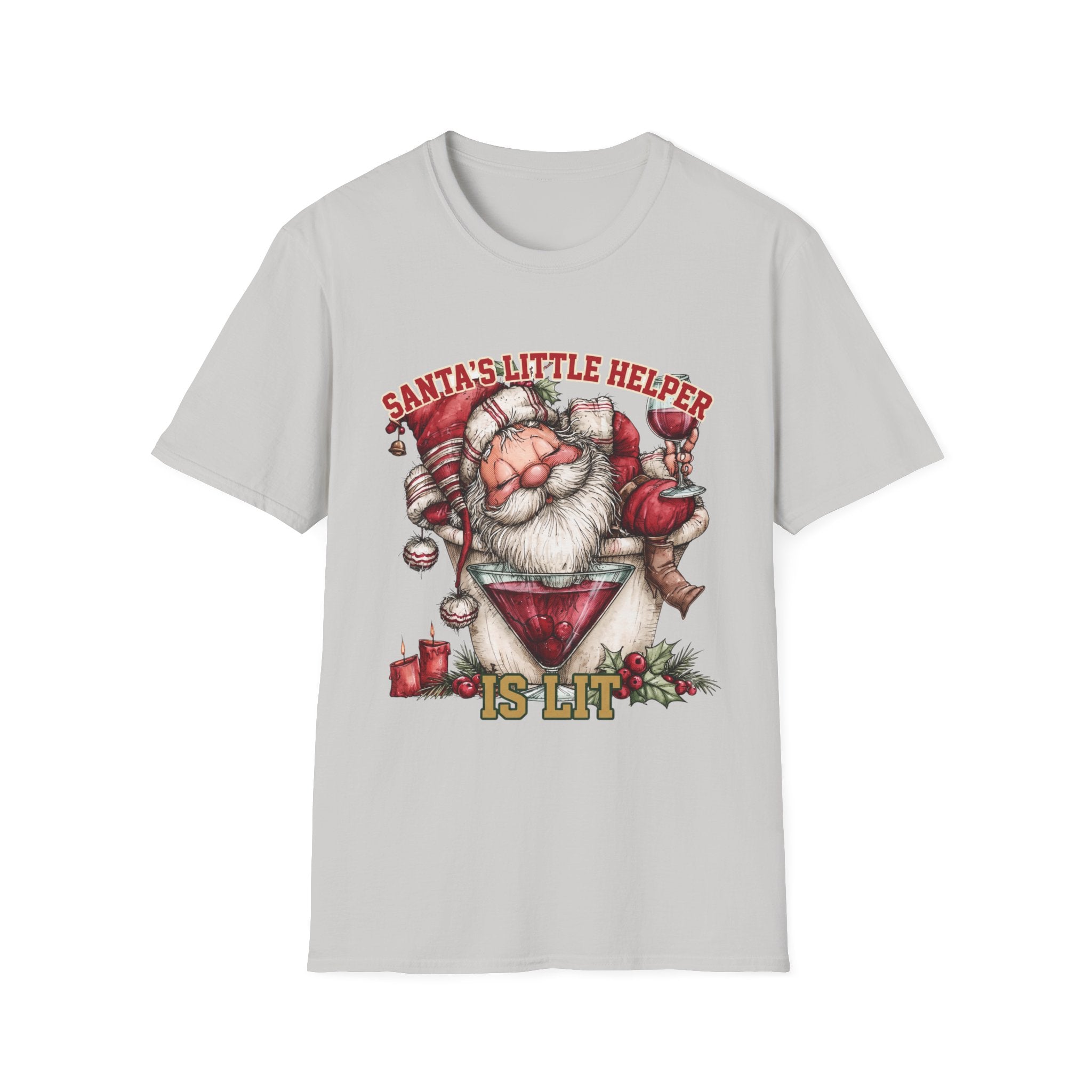 Santa's Little Helper Is Lit Christmas Wine print on the front of an Ice Grey t-shirt, laid flat on white