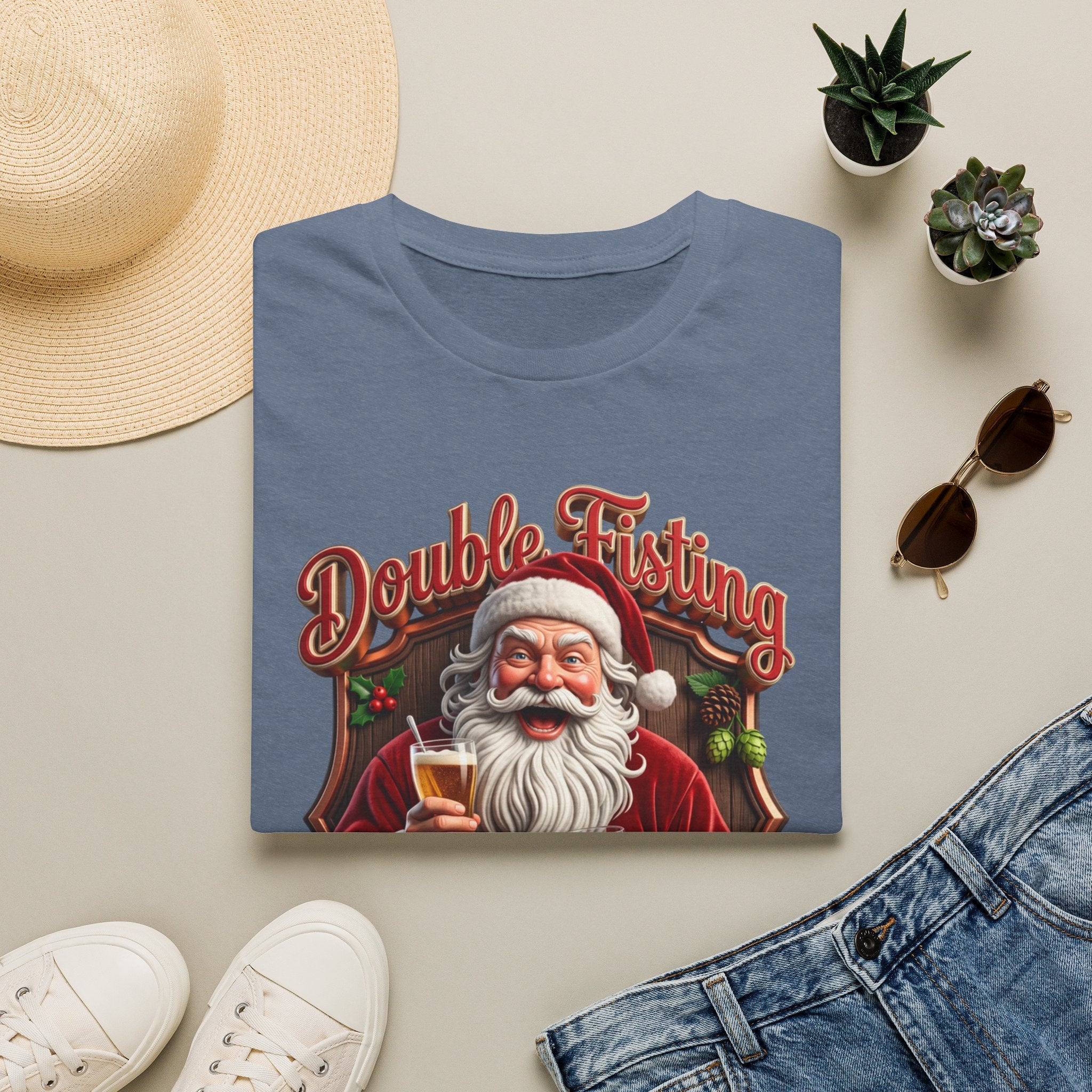 Santa Beer in Each Hand Funny print on a Heather Indigo t-shirt, folded beside a straw hat and jeans