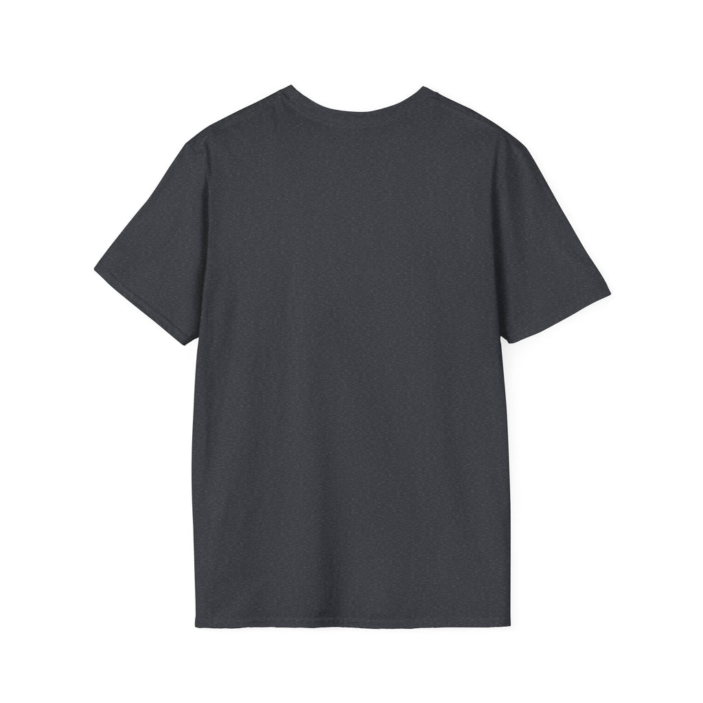 Back of the plain Dark Heather Grey t-shirt, no print, laid flat on white