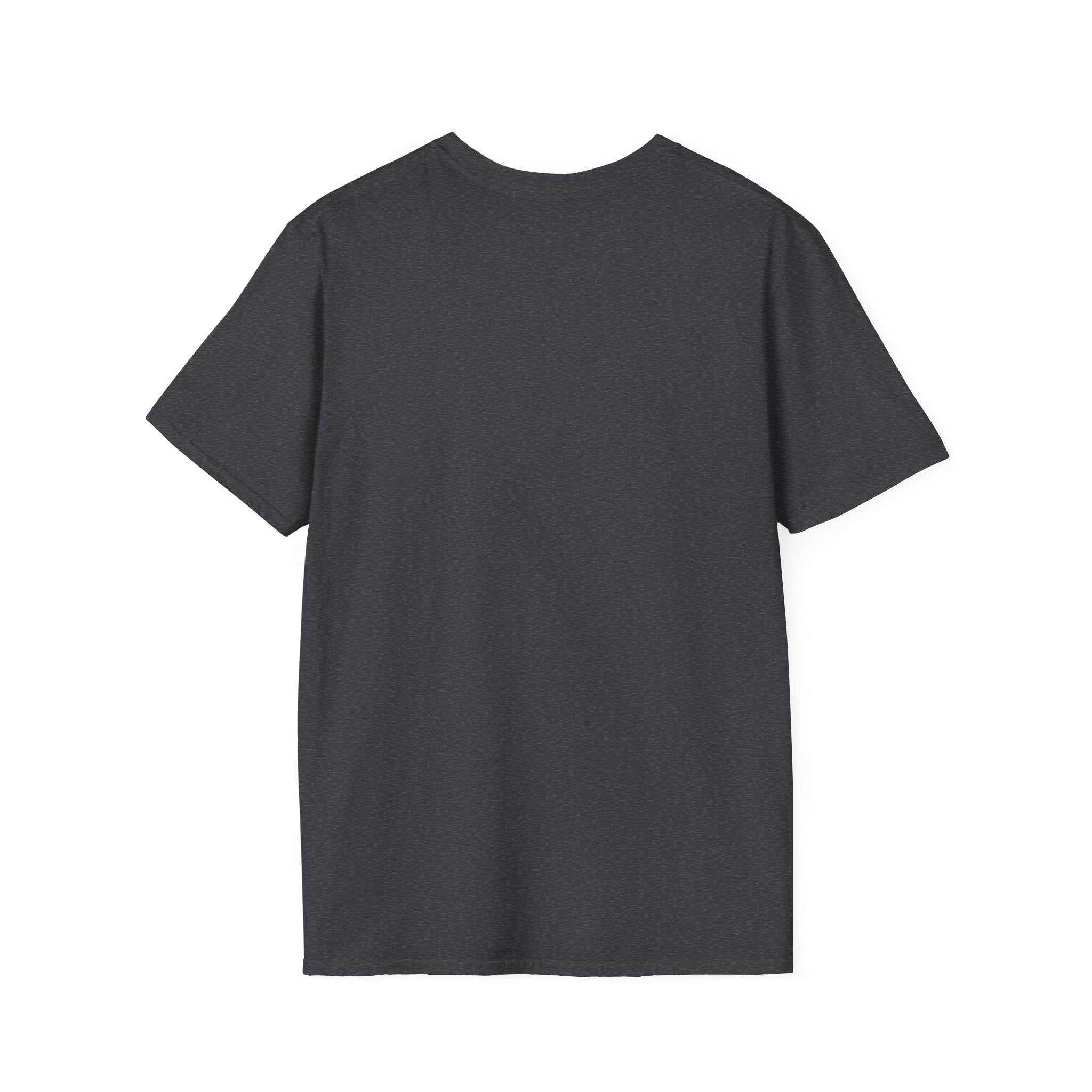 Back of the plain Dark Heather Grey t-shirt, no print, laid flat on white