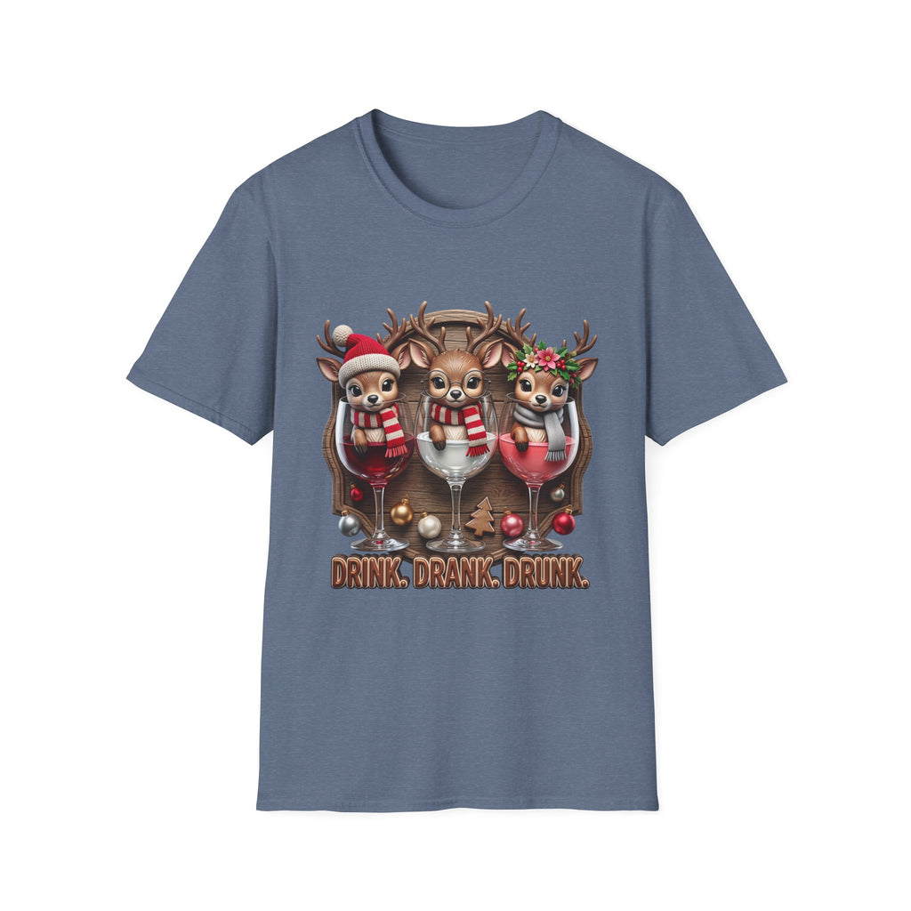 Drink Drank Drunk Reindeer Wine Trio print on the front of a Heather Indigo t-shirt, laid flat on white