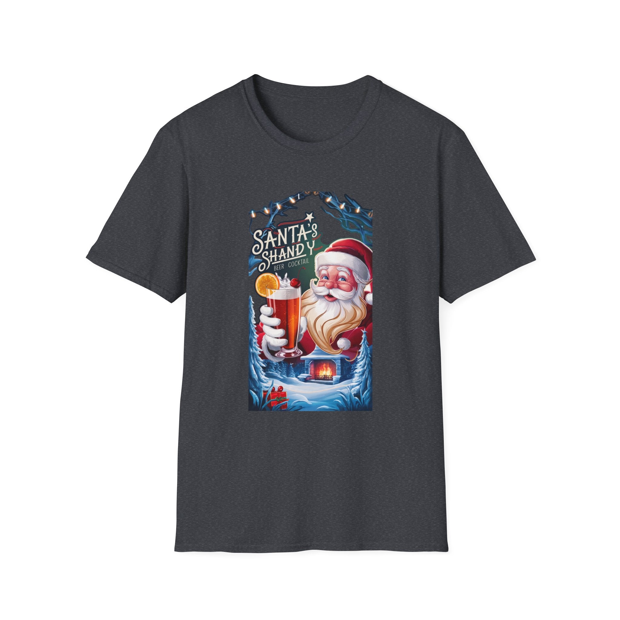 Santa's Shandy Beer Cocktail print on the front of a Dark Heather Grey t-shirt, laid flat on white