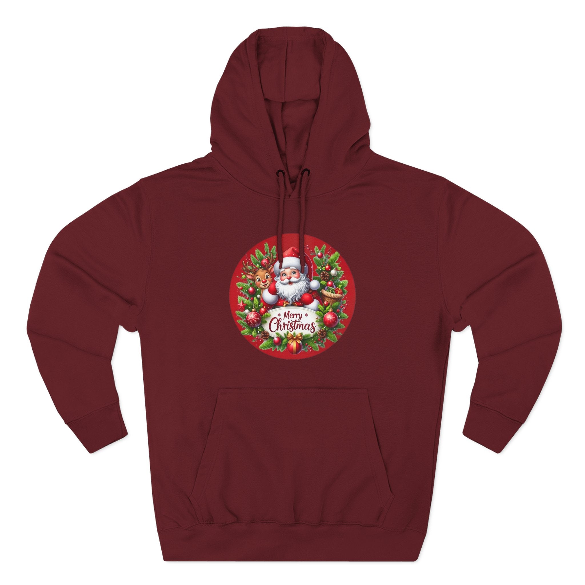 Santa & Reindeer Merry Christmas Wreath Hoodie, shown in Burgundy