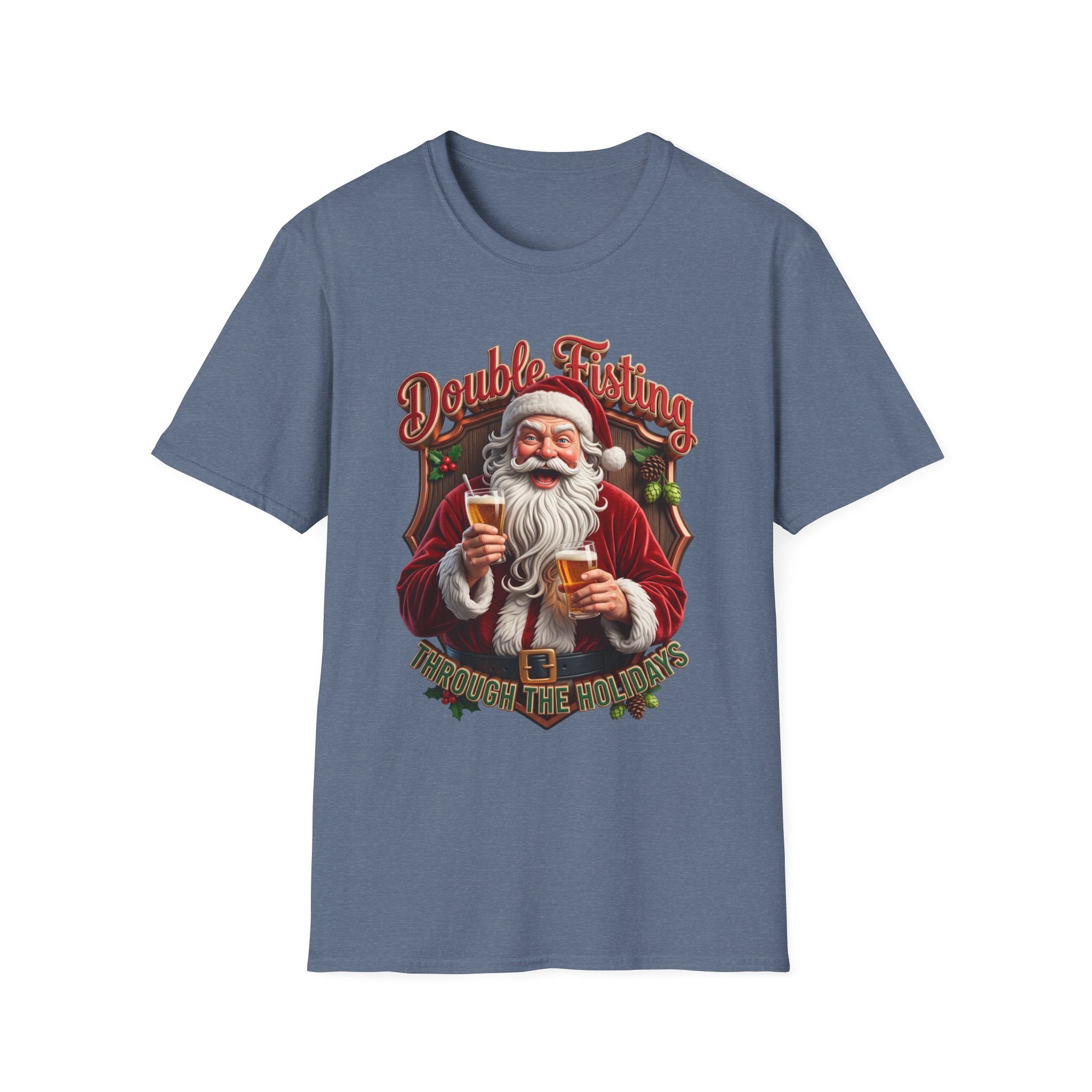 Santa Beer in Each Hand Funny print on the front of a Heather Indigo t-shirt, laid flat on white