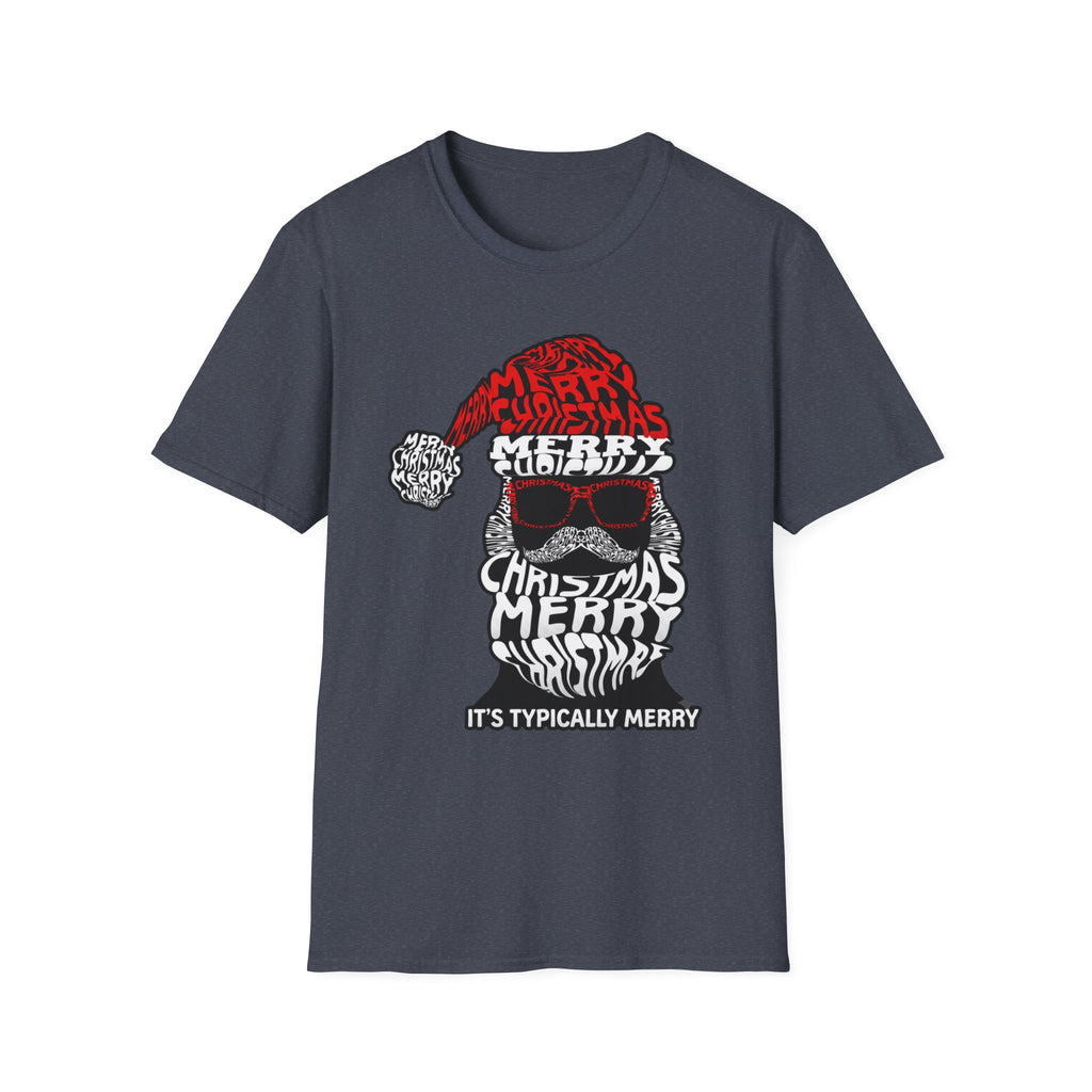 Cool Santa Sunglasses Typography Merry print on the front of a Heather Navy t-shirt, laid flat on white
