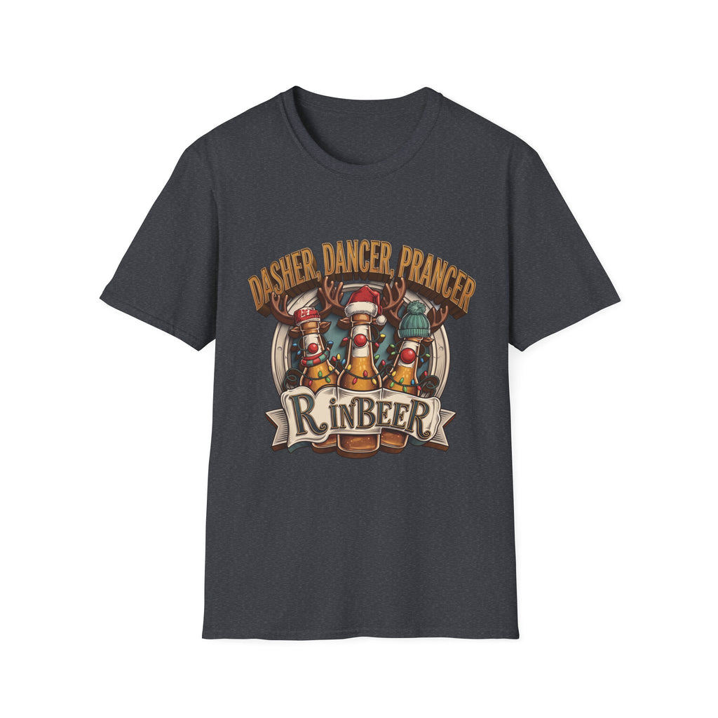 Dasher Dancer Prancer Reinbeer Christmas Beer print on the front of a Dark Heather Grey t-shirt, laid flat on white