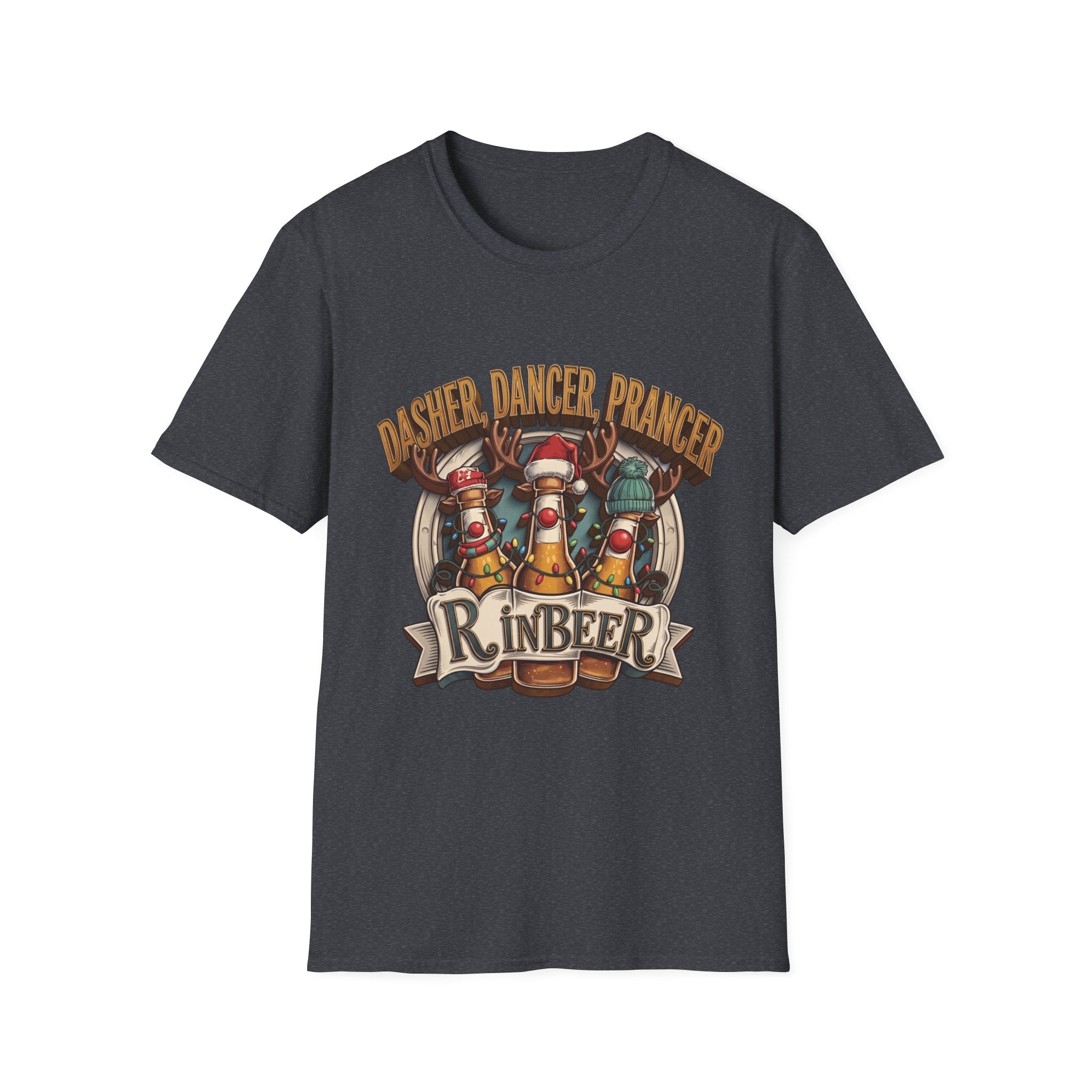 Dasher Dancer Prancer Reinbeer Christmas Beer print on the front of a Dark Heather Grey t-shirt, laid flat on white
