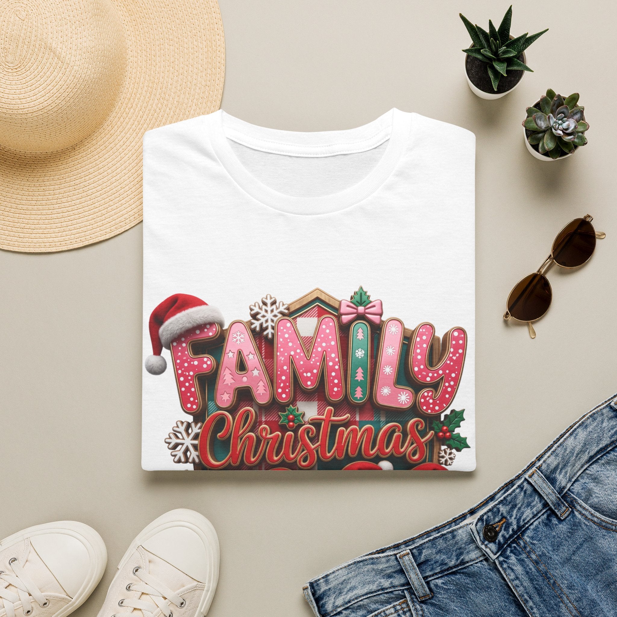 Family Christmas 2026 Making Memories Together print on a White t-shirt, folded beside a straw hat and jeans