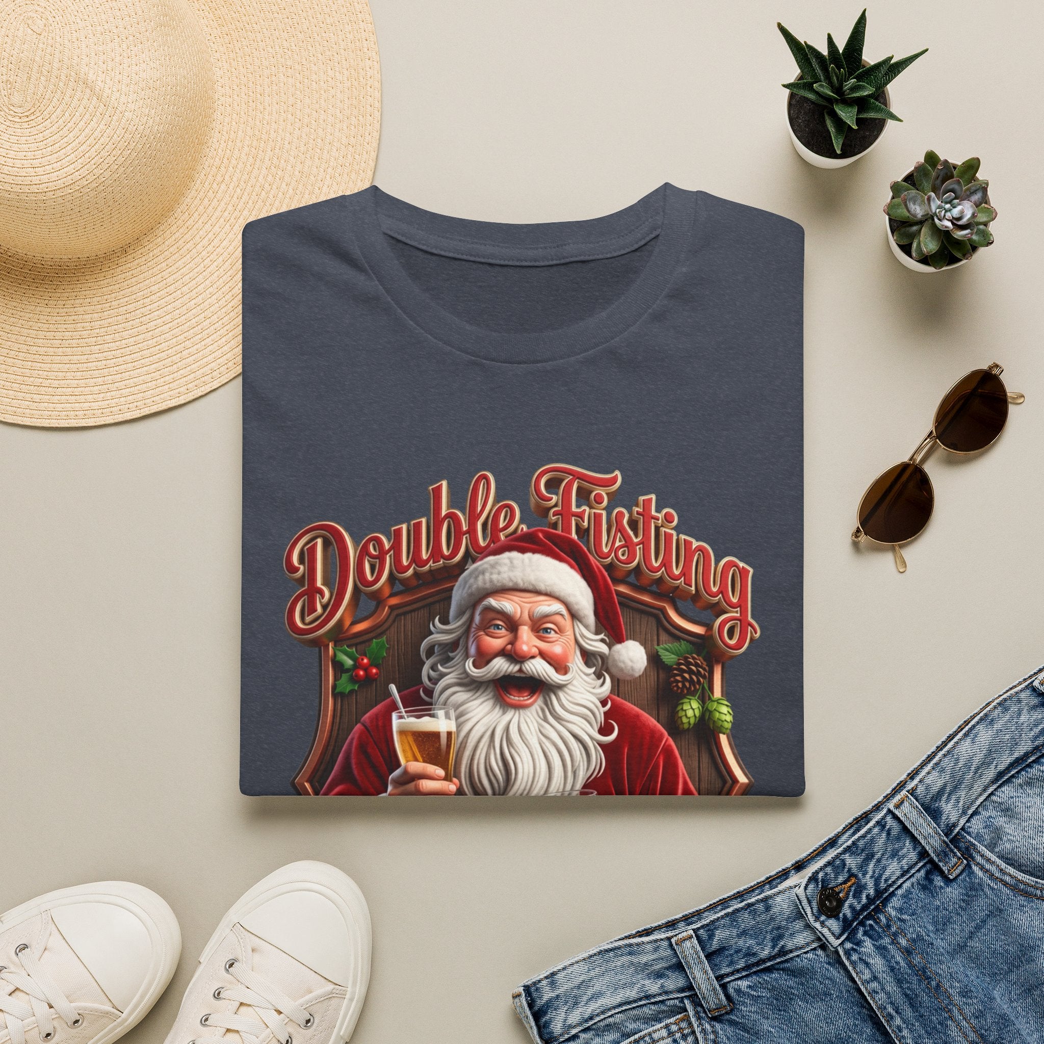 Santa Beer in Each Hand Funny print on a Heather Navy t-shirt, folded beside a straw hat and jeans
