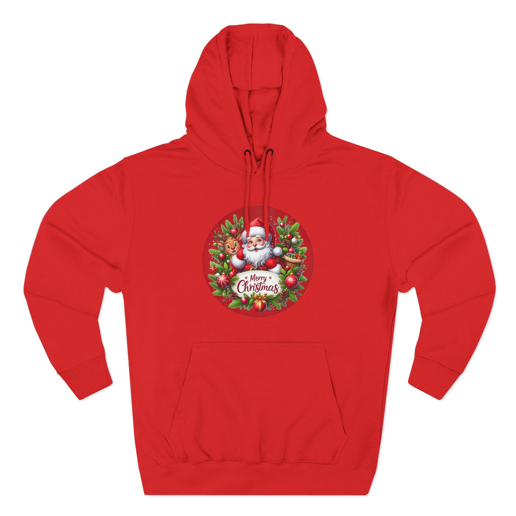 Santa & Reindeer Merry Christmas Wreath Hoodie, shown in Red