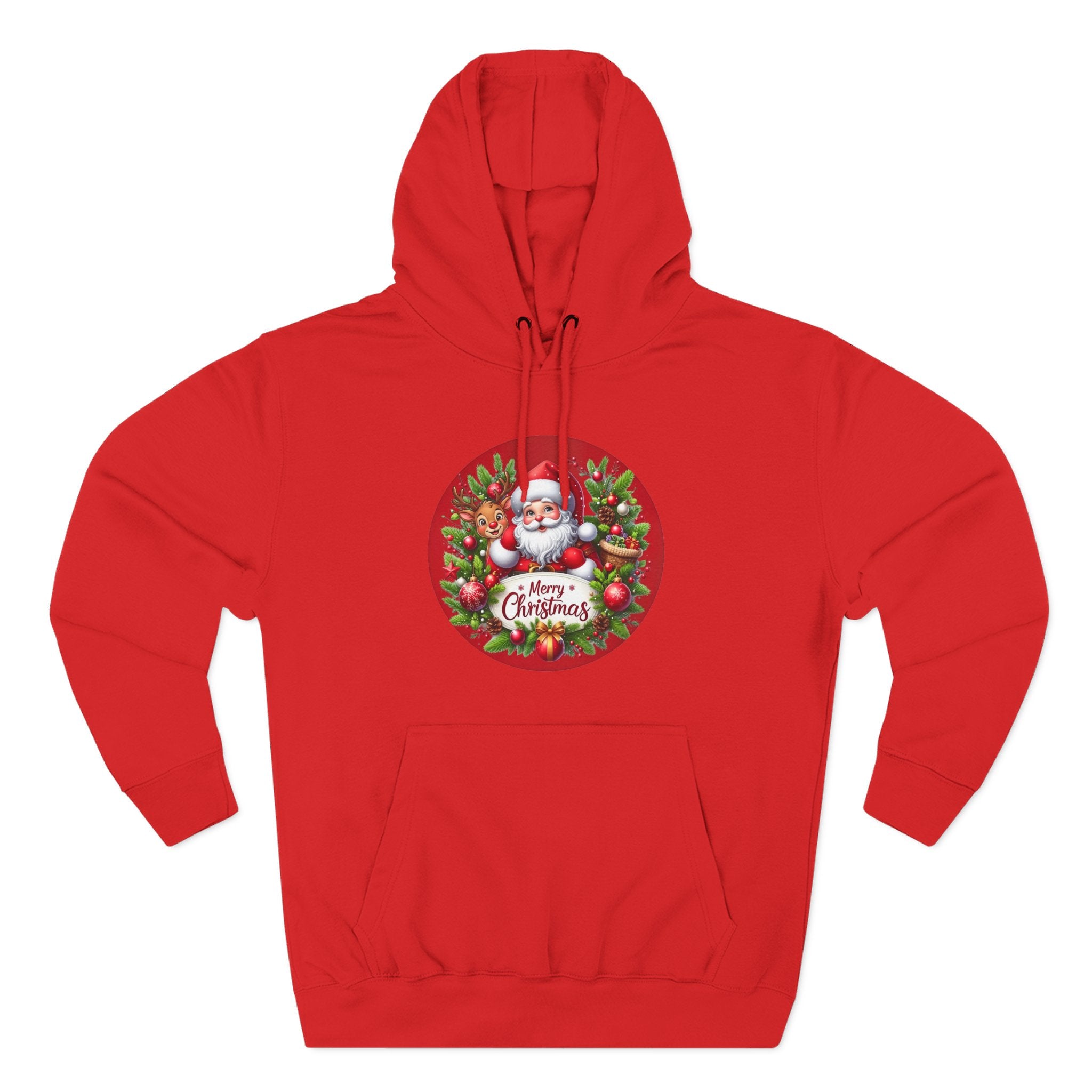 Santa & Reindeer Merry Christmas Wreath Hoodie, shown in Red