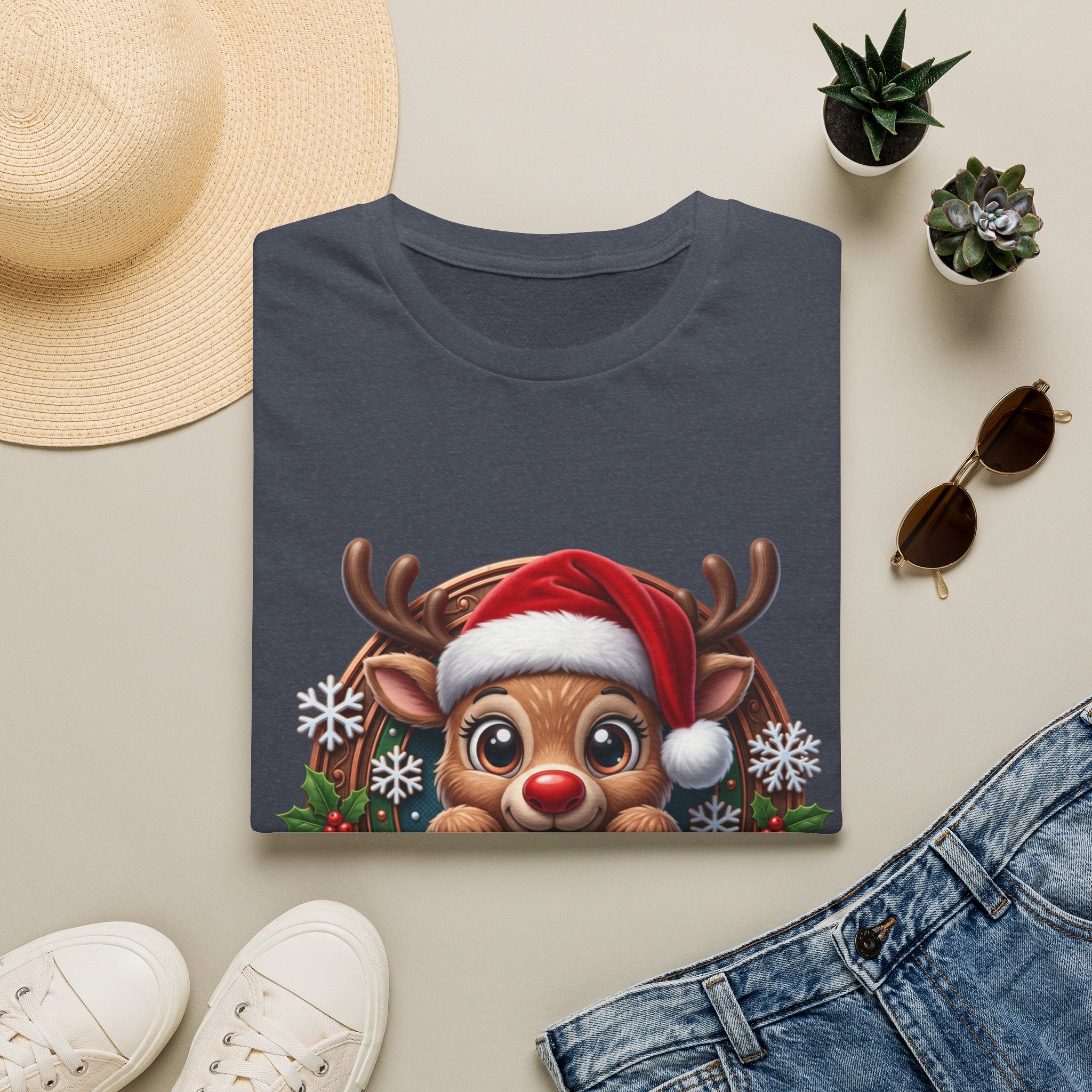 Cute Red-Nosed Reindeer print on a Heather Navy t-shirt, folded beside a straw hat and jeans