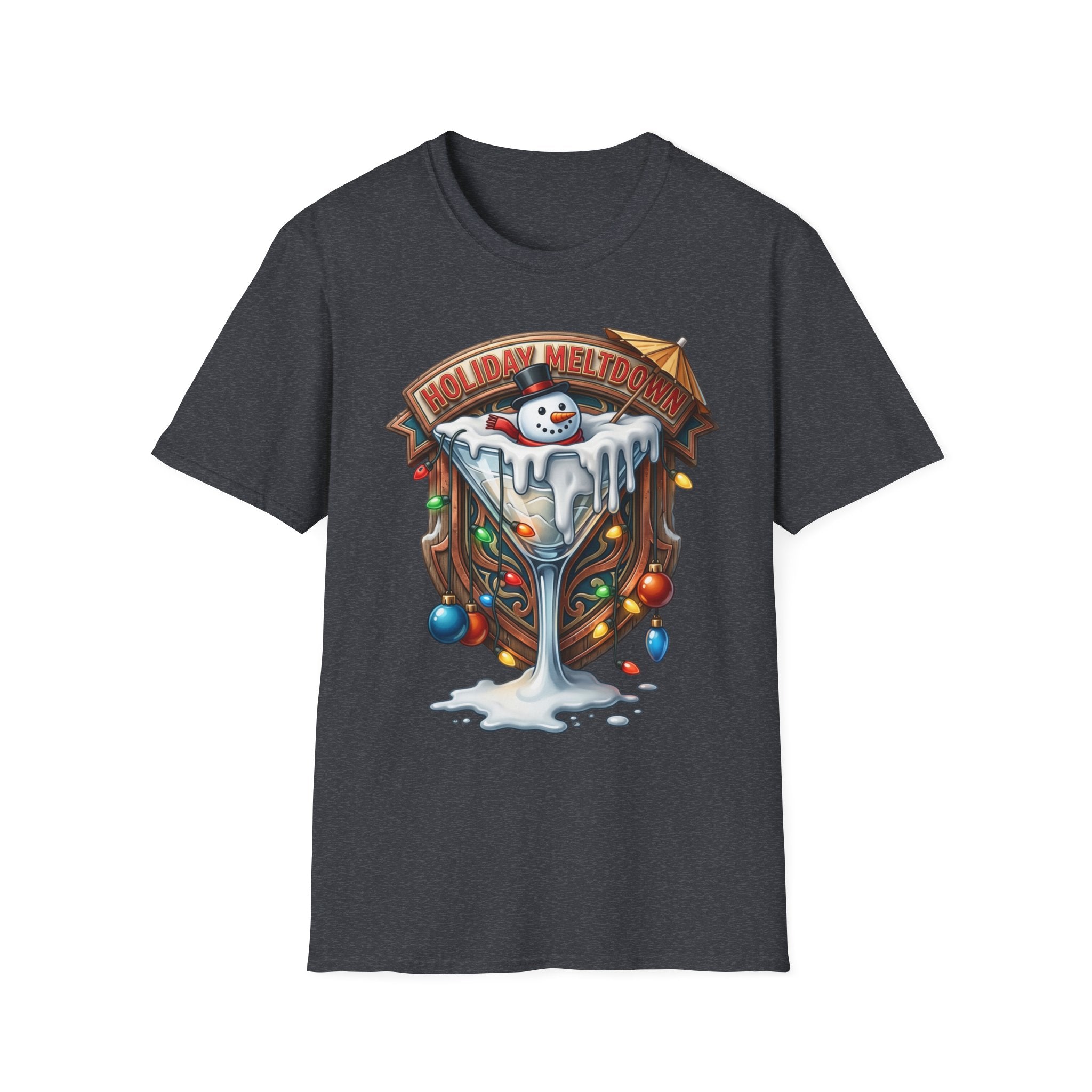 Holiday Meltdown Snowman Martini print on the front of a Dark Heather Grey t-shirt, laid flat on white