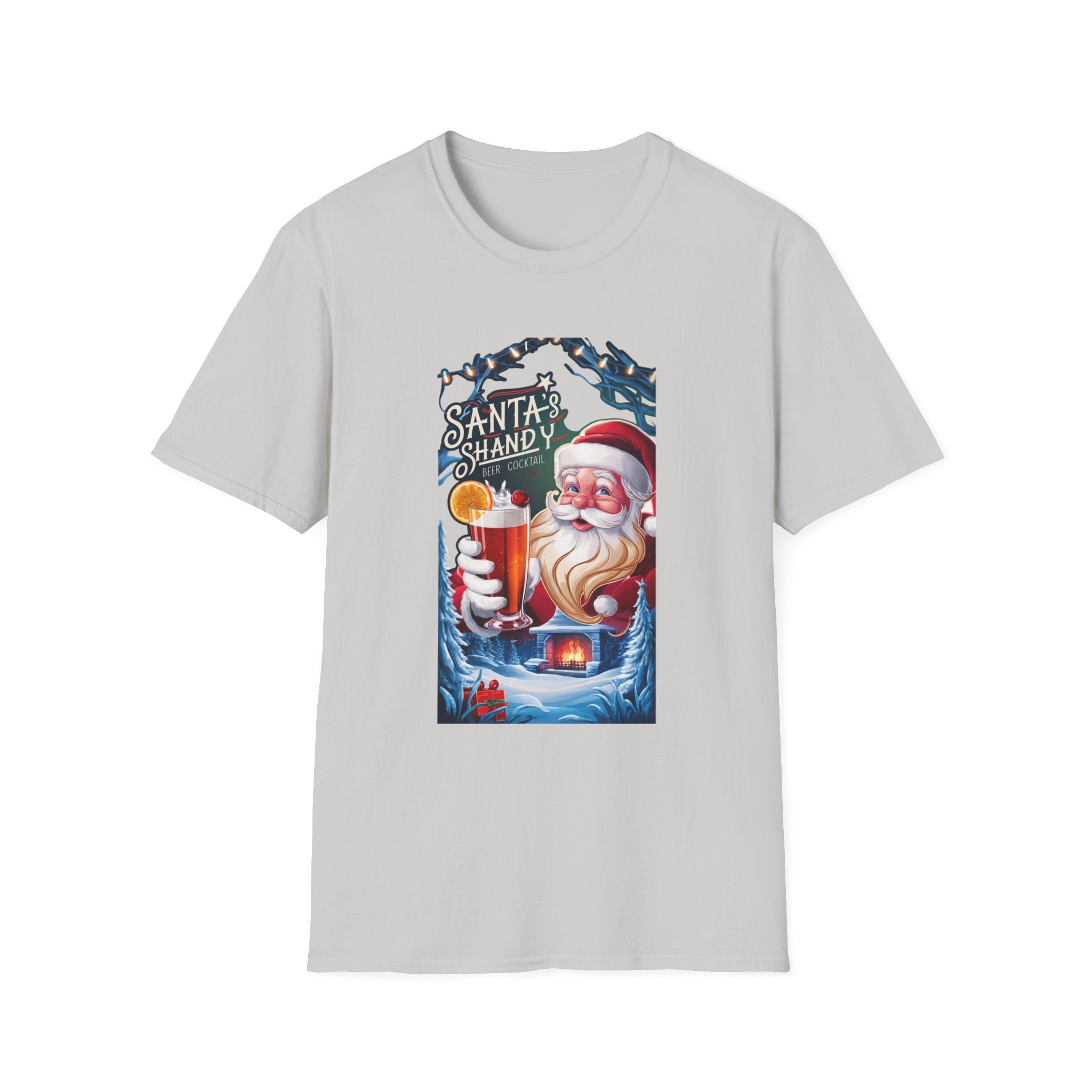 Santa's Shandy Beer Cocktail print on the front of an Ice Grey t-shirt, laid flat on white