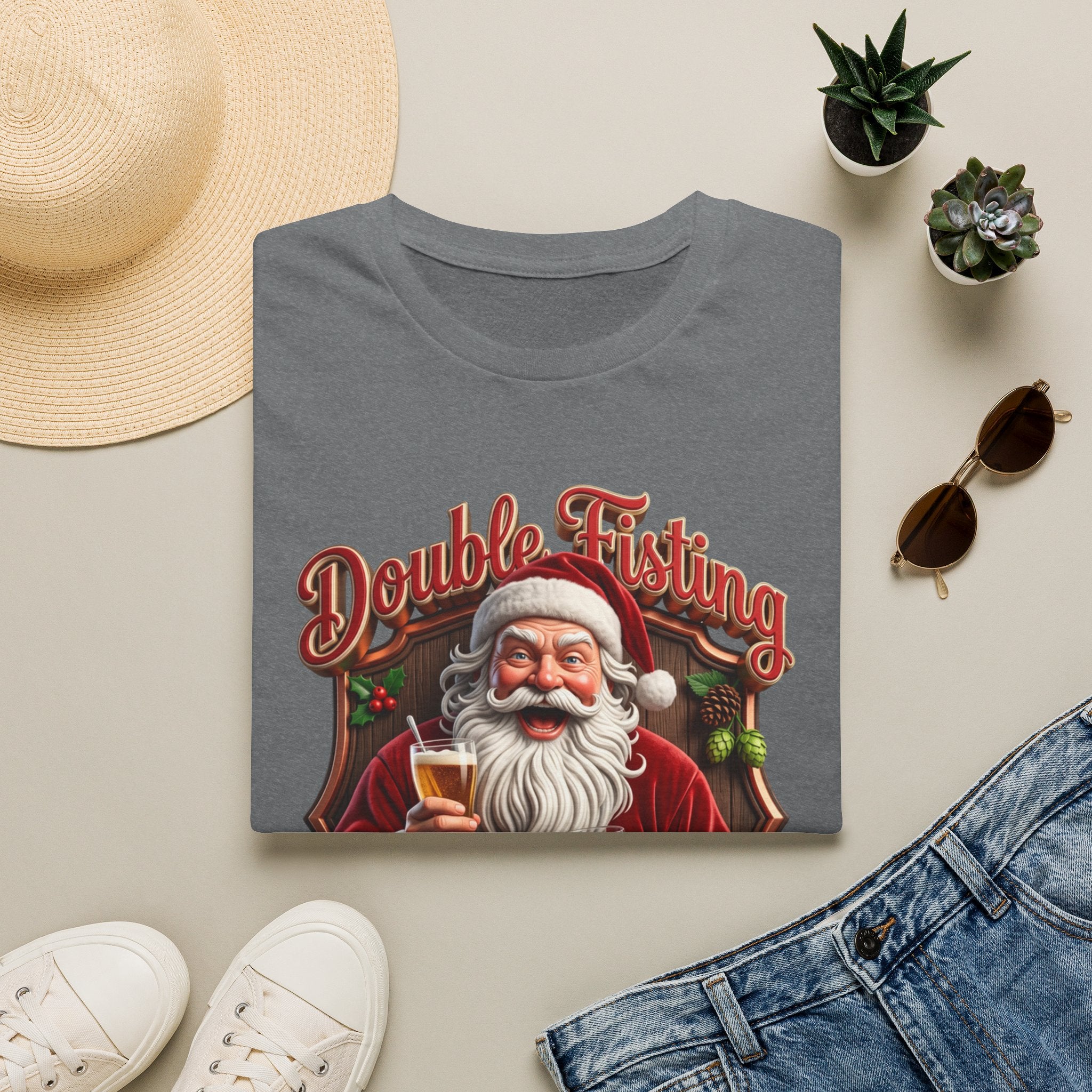 Santa Beer in Each Hand Funny print on a Graphite Heather t-shirt, folded beside a straw hat and jeans