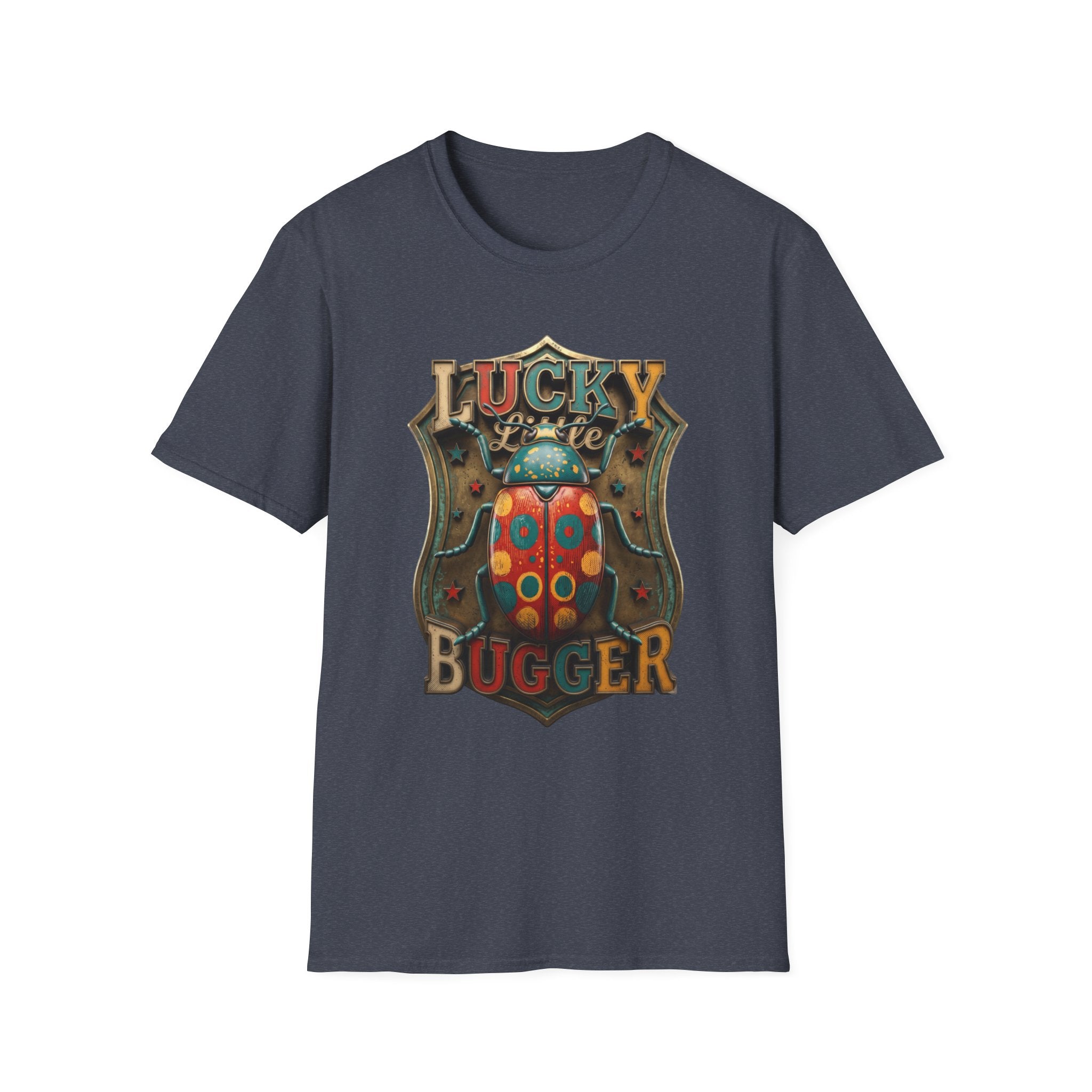 Lucky Little Bugger Vintage Beetle print on the front of a Heather Navy t-shirt, laid flat on white