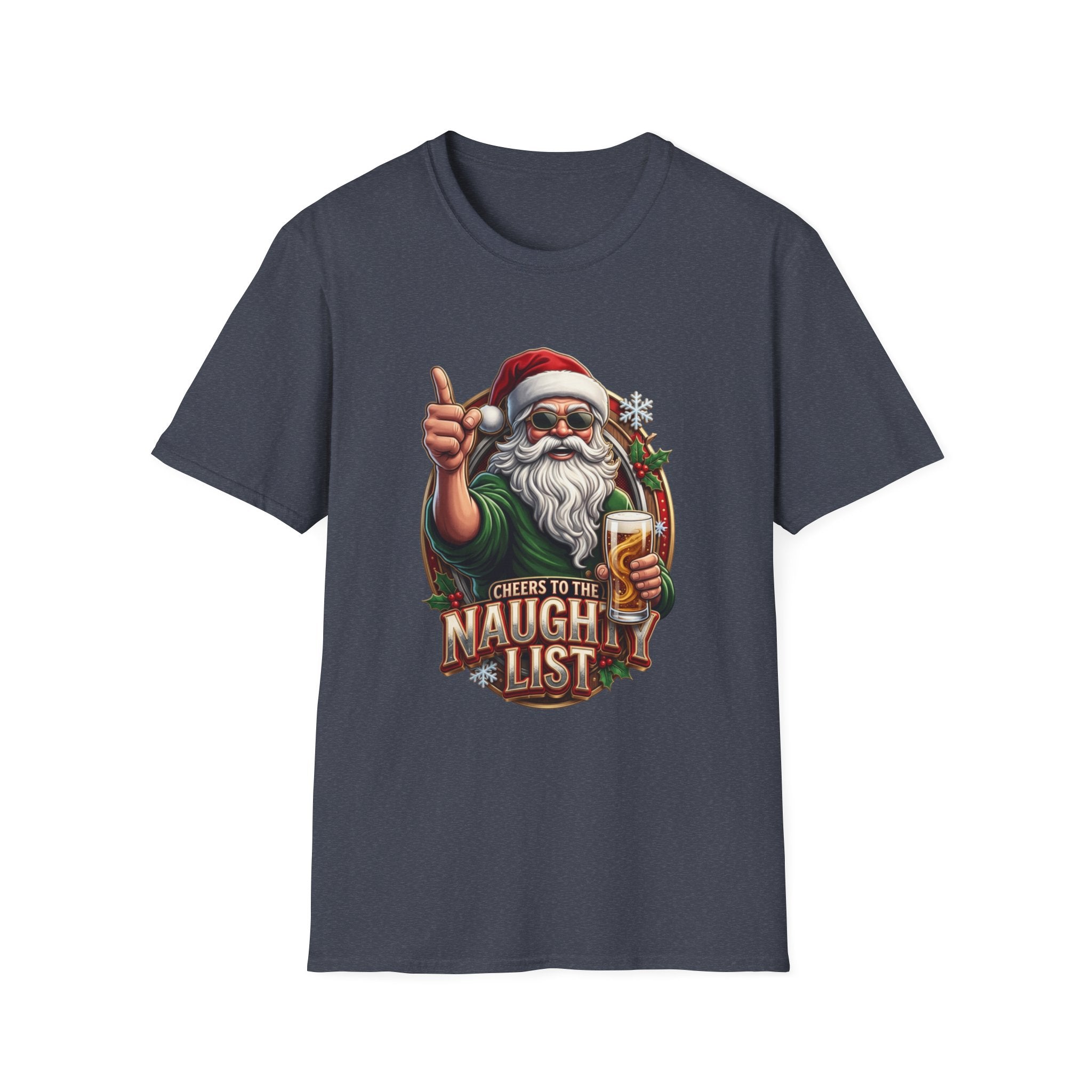 Cheers to the Naughty List Santa Beer print on the front of a Heather Navy t-shirt, laid flat on white