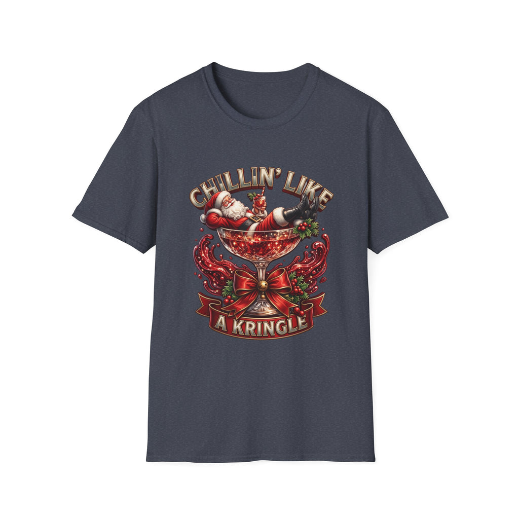 Chillin' Like a Kringle Santa print on the front of a Heather Navy t-shirt, laid flat on white