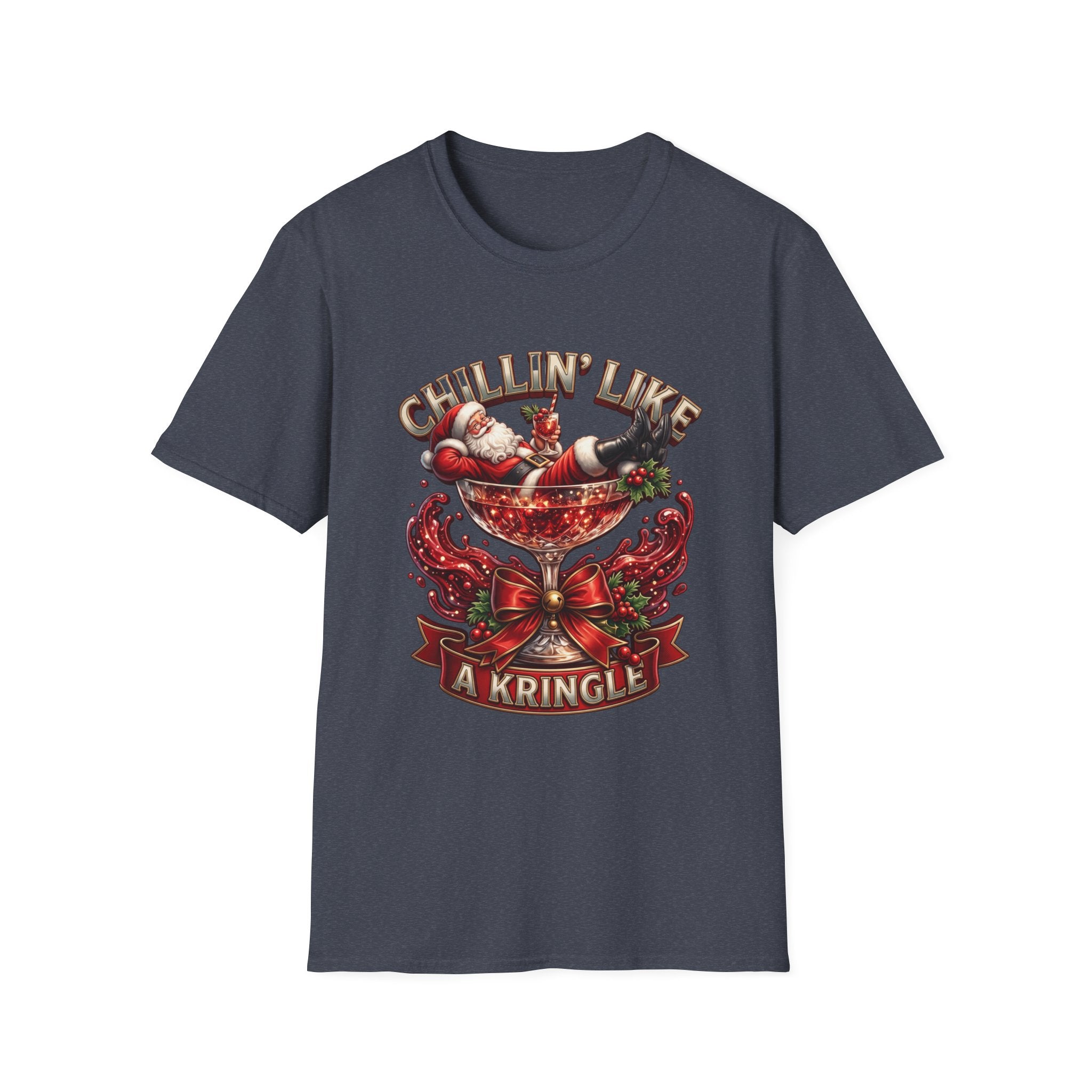 Chillin' Like a Kringle Santa print on the front of a Heather Navy t-shirt, laid flat on white