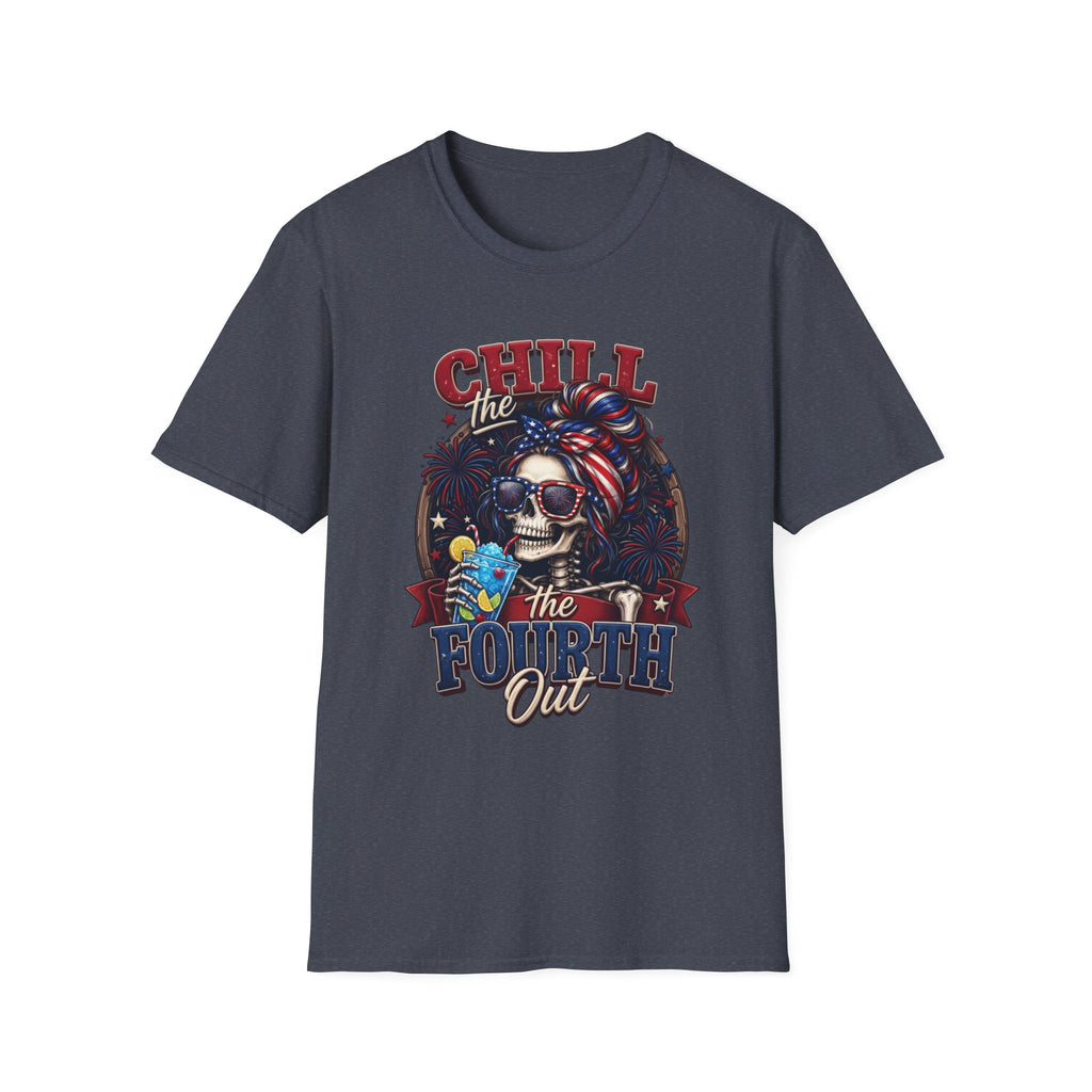 Chill the Fourth Out Patriotic Skeleton 4th of July print on the front of a Heather Navy t-shirt, laid flat on white