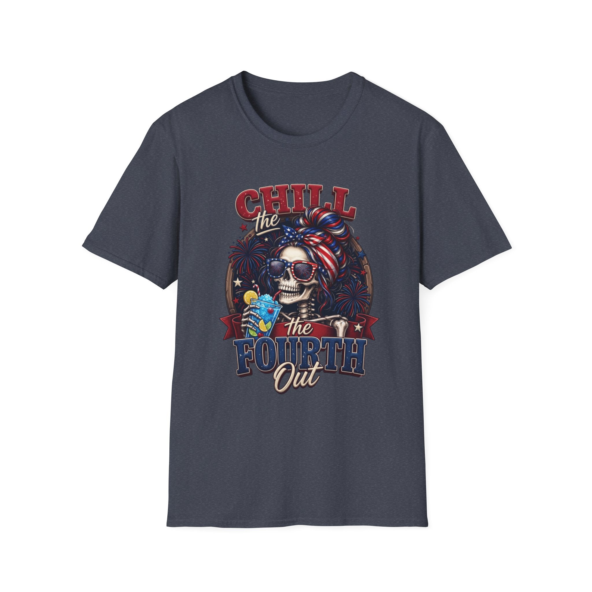 Chill the Fourth Out Patriotic Skeleton 4th of July print on the front of a Heather Navy t-shirt, laid flat on white