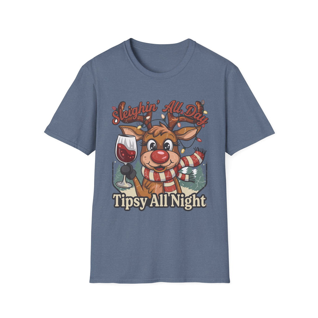 Reindeer Sleighin' All Day Tipsy All Night print on the front of a Heather Indigo t-shirt, laid flat on white