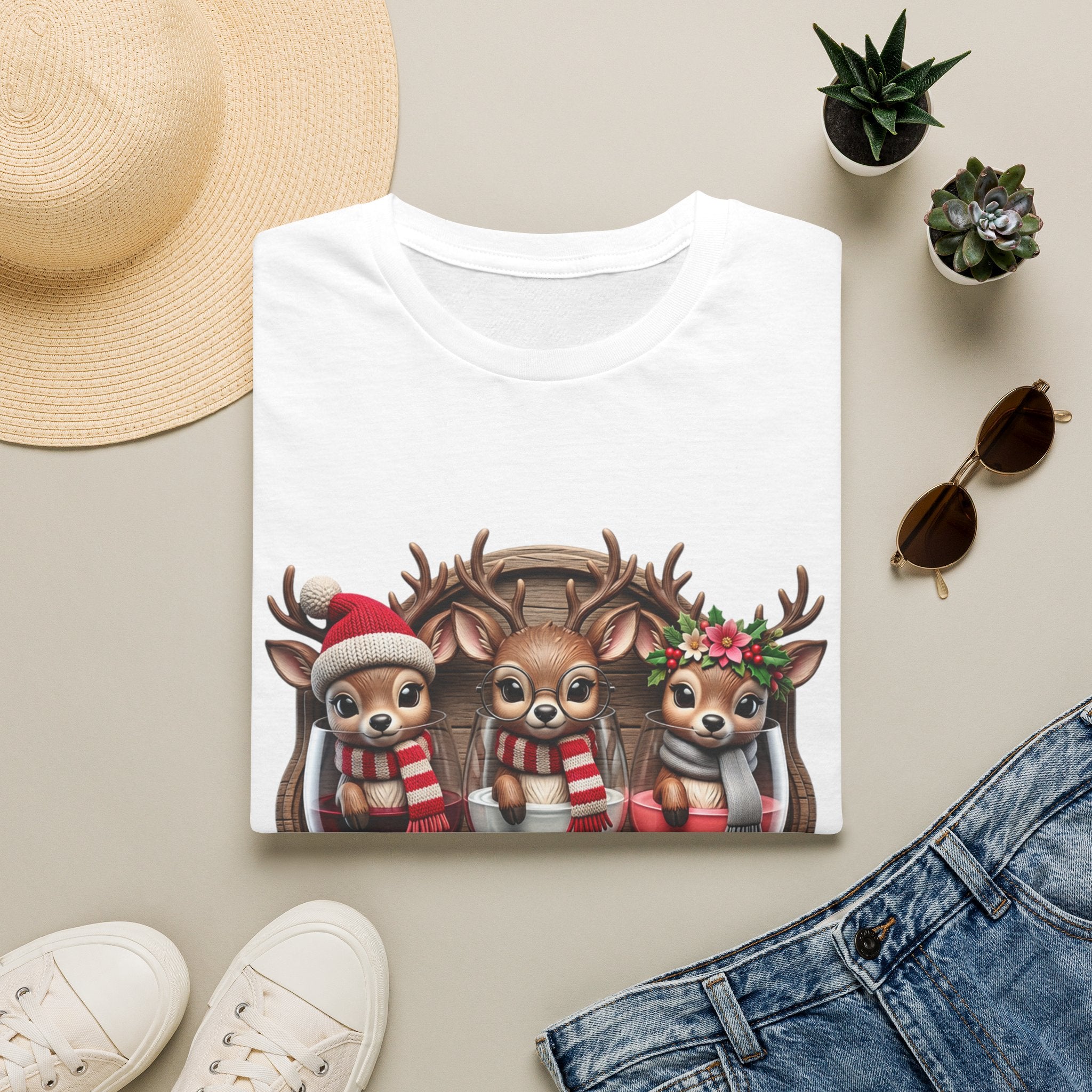Drink Drank Drunk Reindeer Wine Trio print on a White t-shirt, folded beside a straw hat and jeans