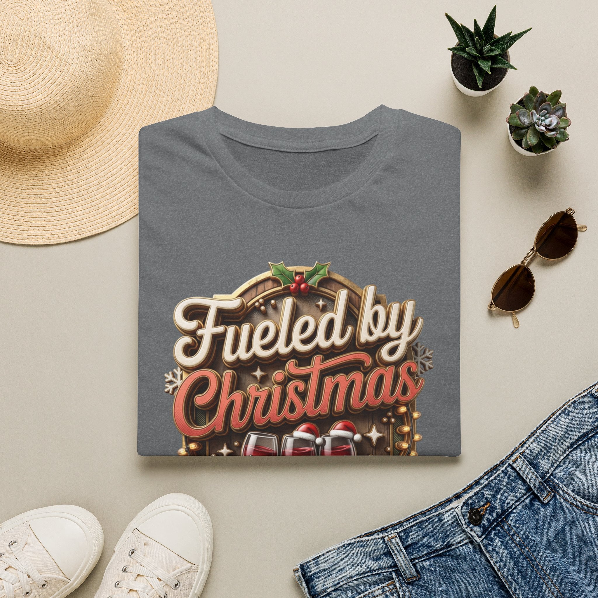 Fueled by Christmas Spirits Wine print on a Graphite Heather t-shirt, folded beside a straw hat and jeans