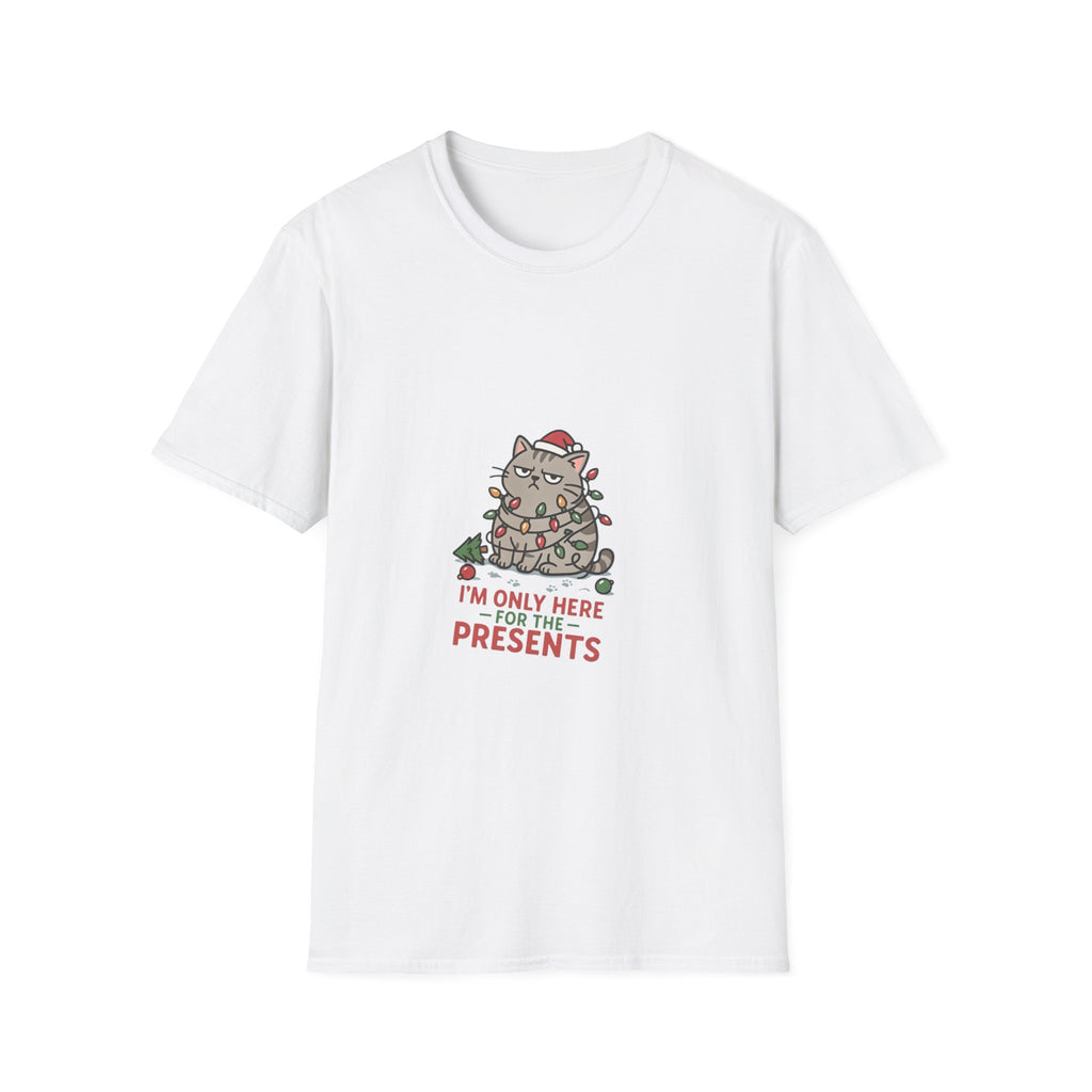 Funny Cat I'm Only Here for the Presents print on the front of a White t-shirt, laid flat on white