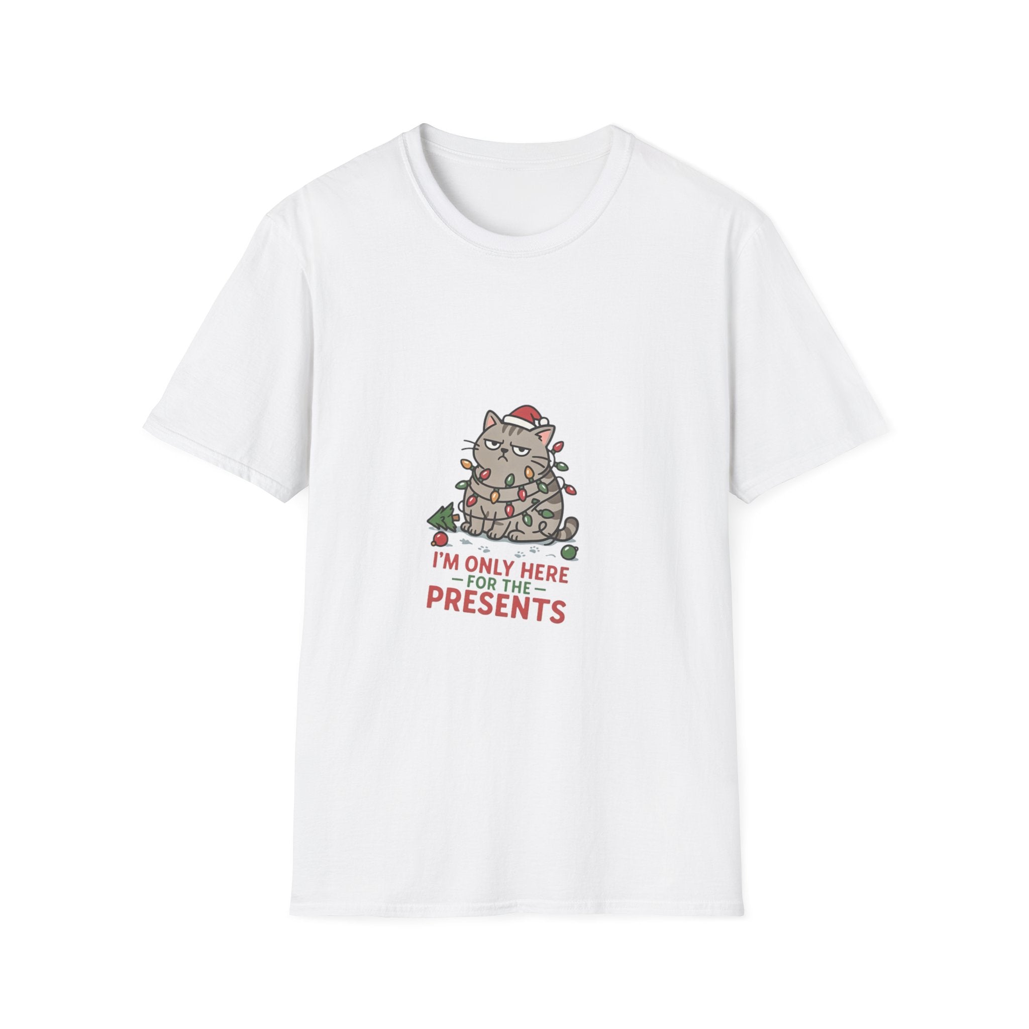 Funny Cat I'm Only Here for the Presents print on the front of a White t-shirt, laid flat on white