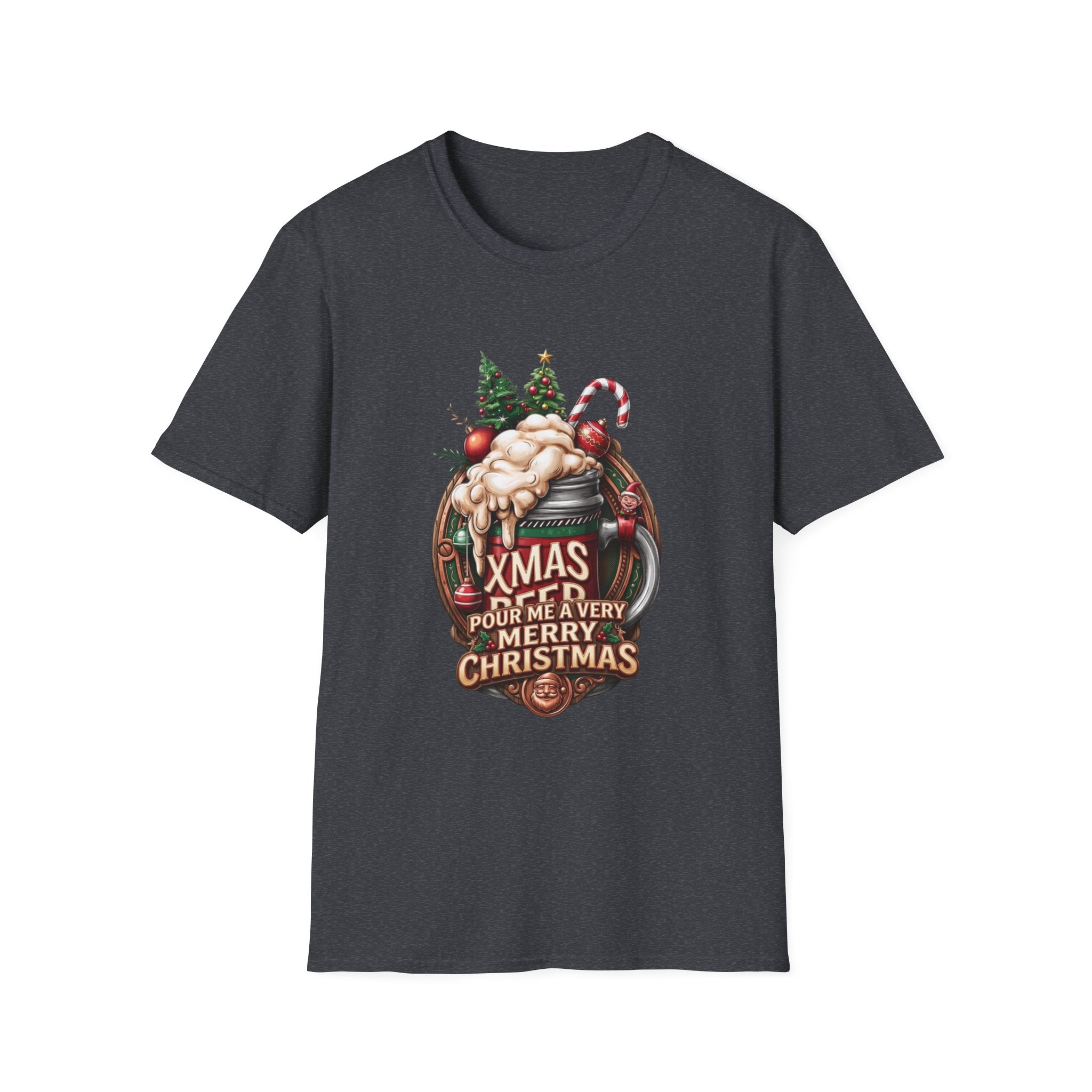 XMAS Beer Pour Me a Very Merry Christmas print on the front of a Dark Heather Grey t-shirt, laid flat on white