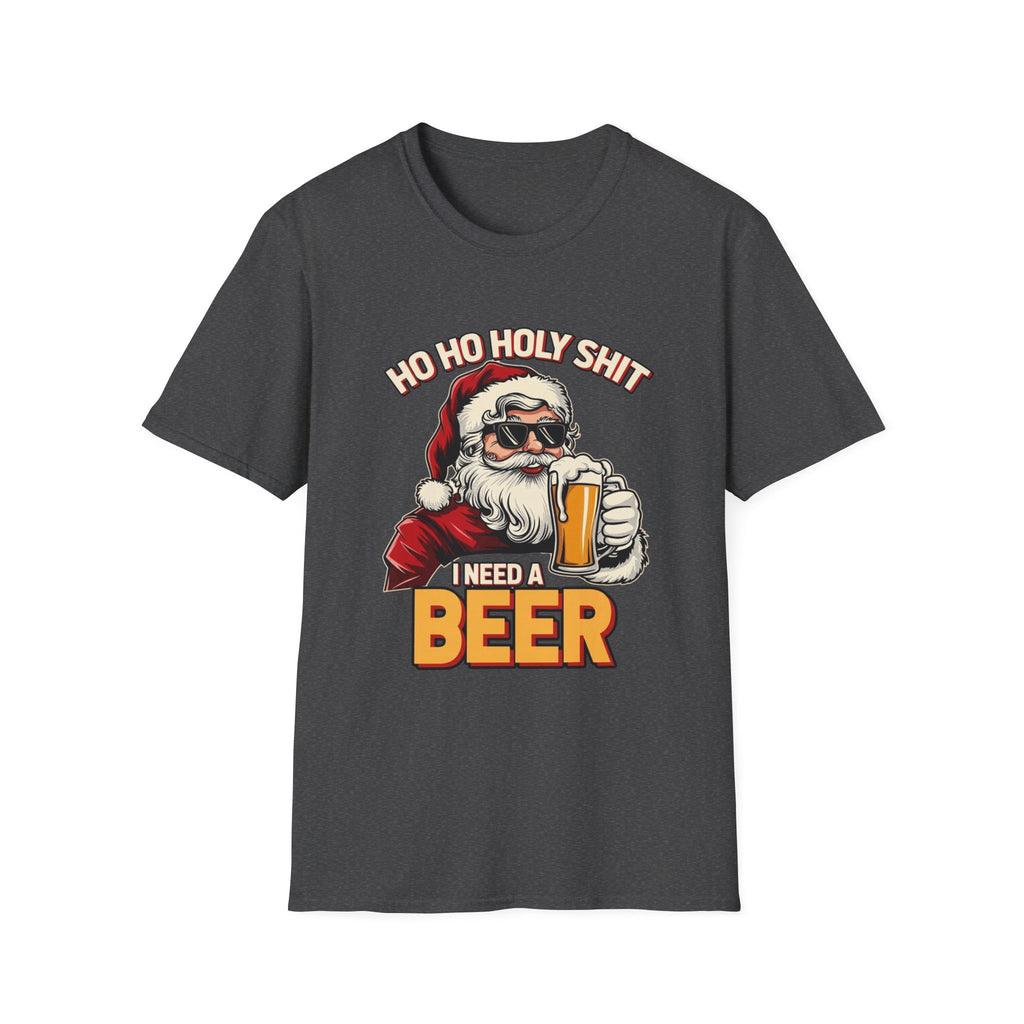 Ho Ho Holy Sh*t I Need a Beer print on the front of a Dark Heather t-shirt, laid flat on white