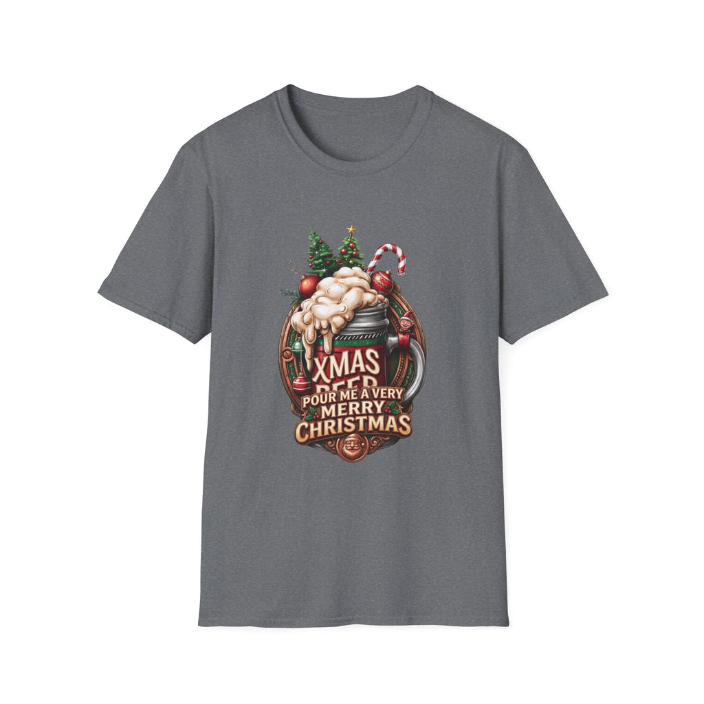 XMAS Beer Pour Me a Very Merry Christmas print on the front of a Graphite Heather t-shirt, laid flat on white