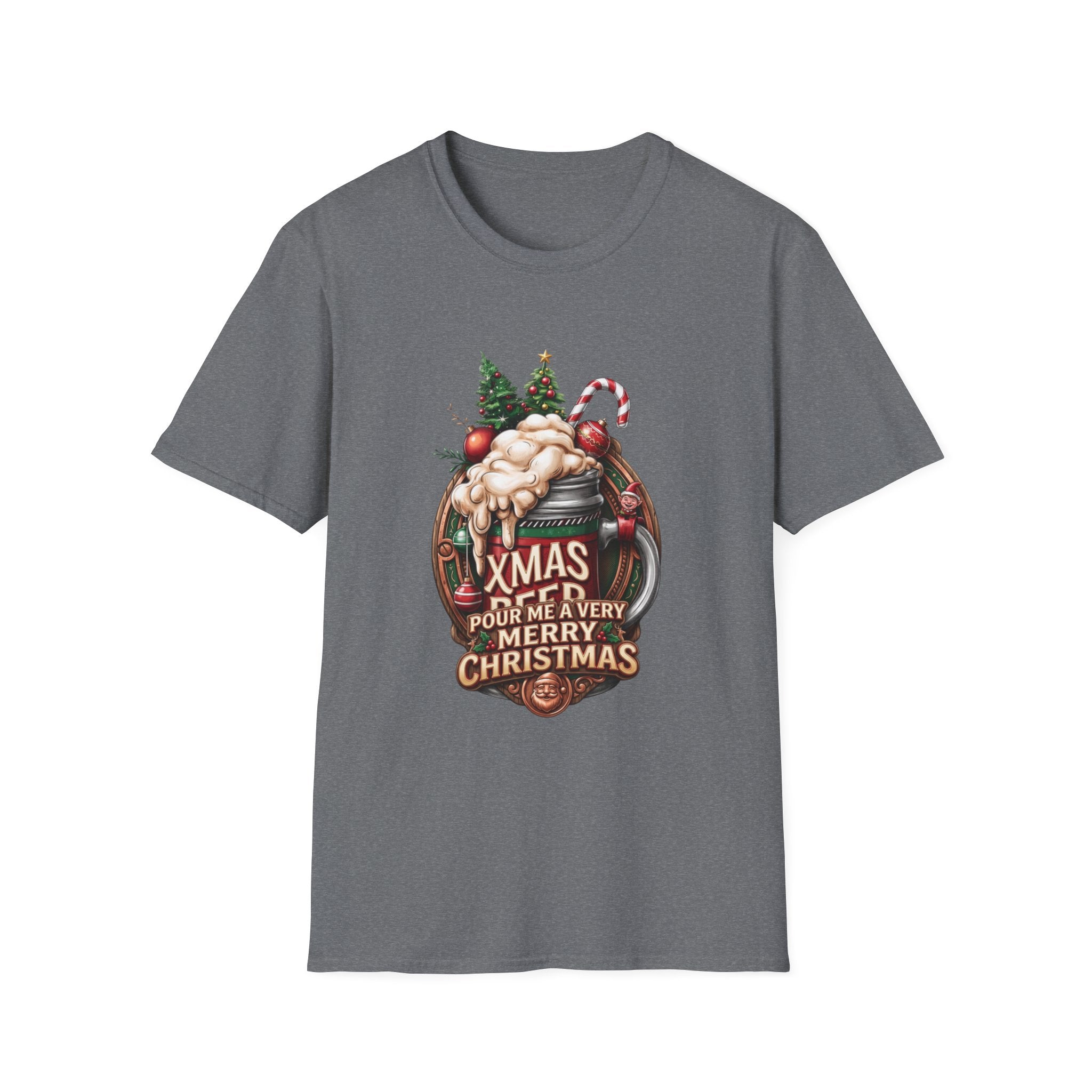 XMAS Beer Pour Me a Very Merry Christmas print on the front of a Graphite Heather t-shirt, laid flat on white