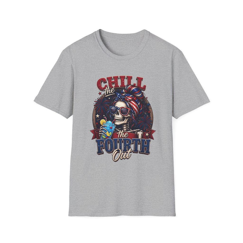 Chill the Fourth Out Patriotic Skeleton 4th of July print on the front of a Sport Grey t-shirt, laid flat on white