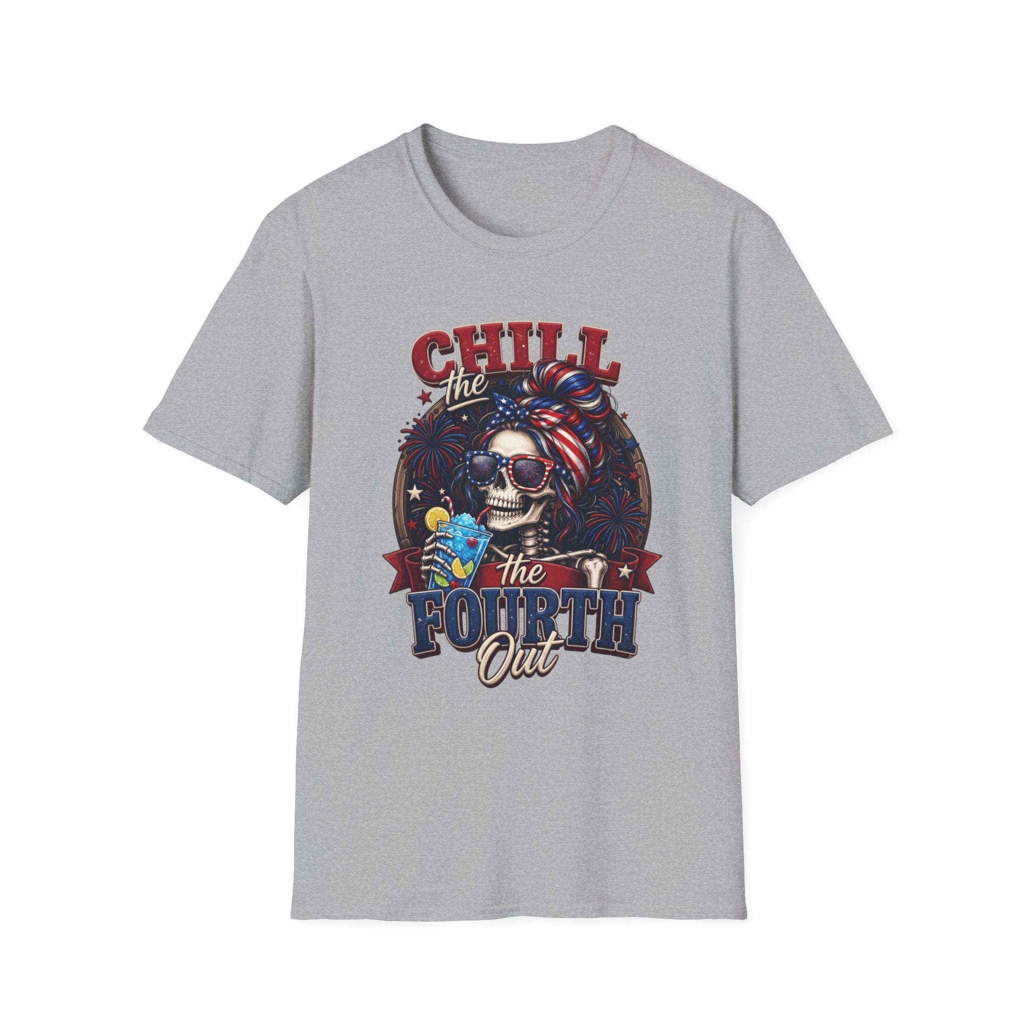 Chill the Fourth Out Patriotic Skeleton 4th of July print on the front of a Sport Grey t-shirt, laid flat on white