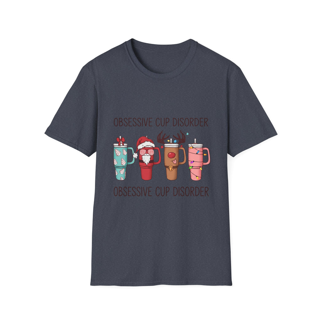 Obsessive Cup Disorder Funny Christmas Tumbler print on the front of a Heather Navy t-shirt, laid flat on white