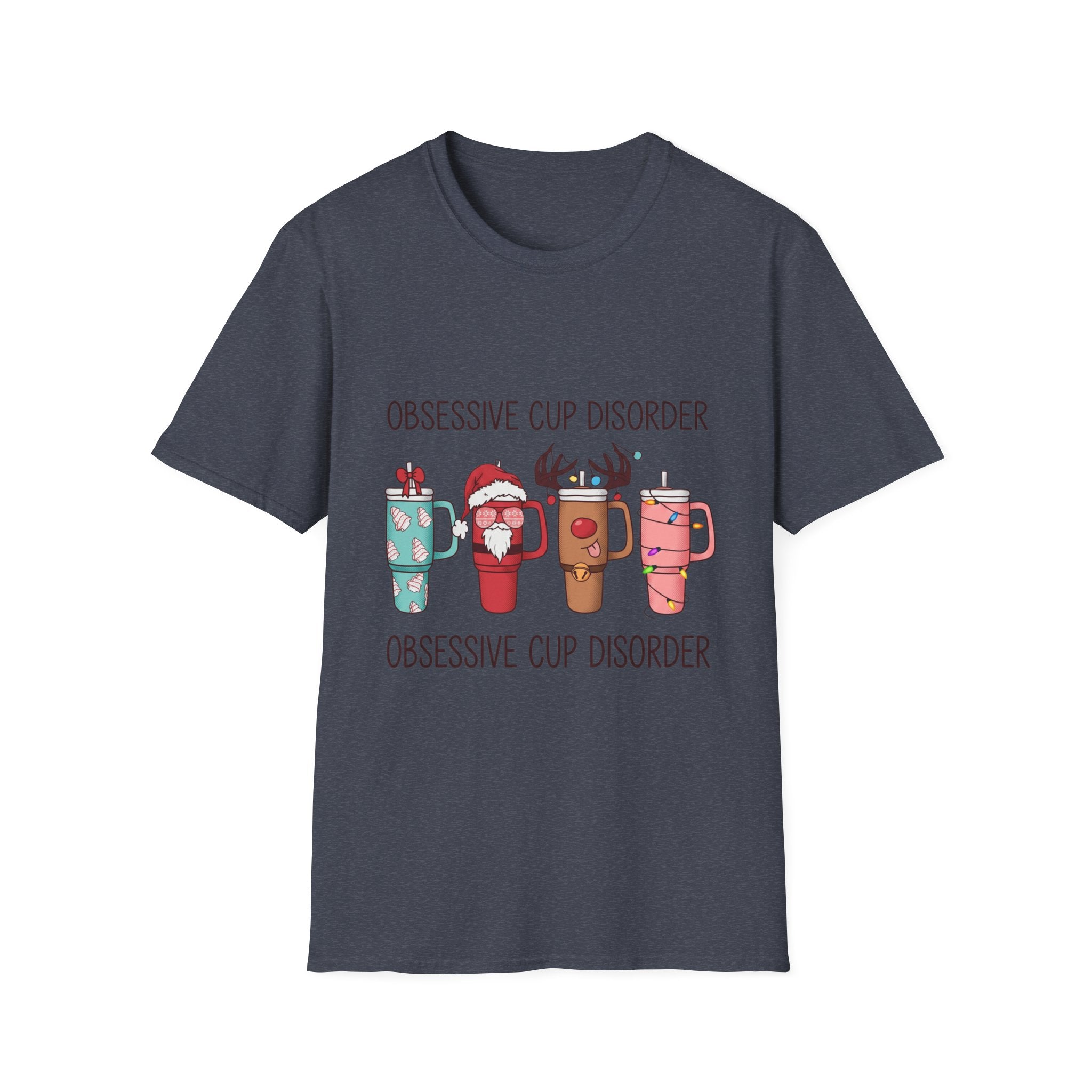 Obsessive Cup Disorder Funny Christmas Tumbler print on the front of a Heather Navy t-shirt, laid flat on white