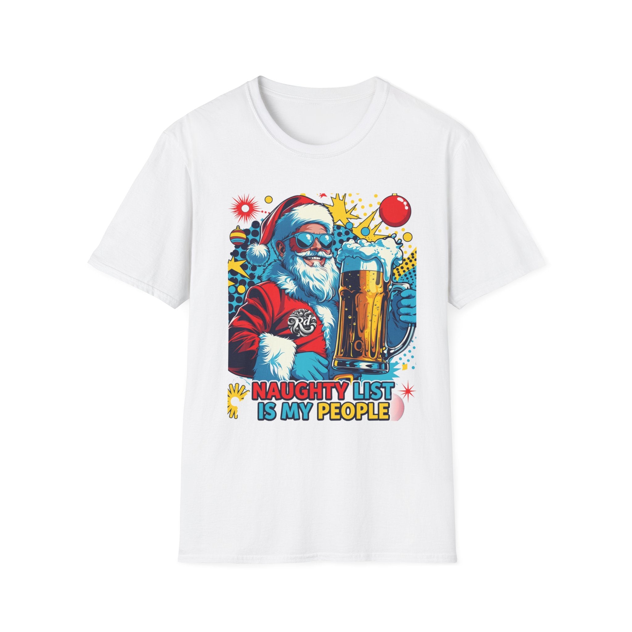 Naughty List Is My People Pop Art Santa Beer print on the front of a White t-shirt, laid flat on white