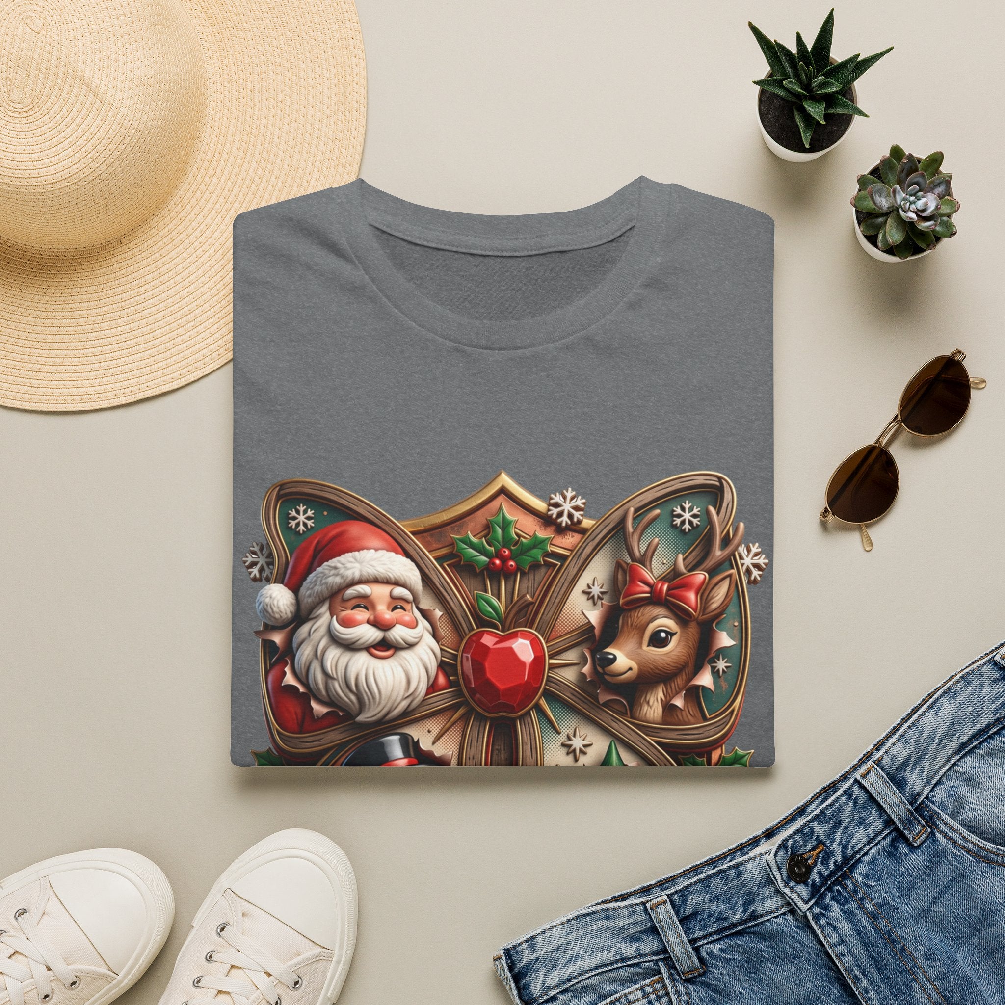 The Most Wonderful Time Wood Crest Santa print on a Graphite Heather t-shirt, folded beside a straw hat and jeans