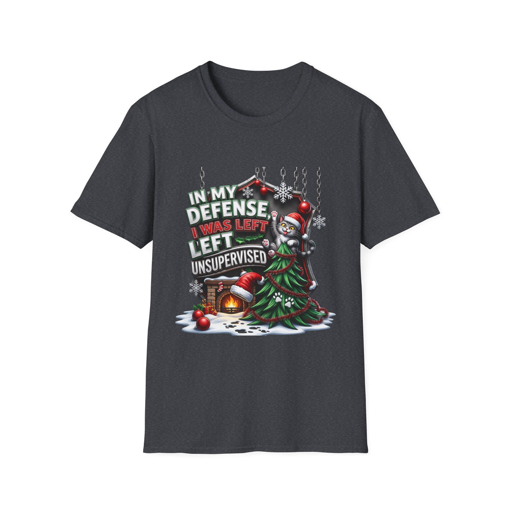 Cat In My Defense Left Unsupervised print on the front of a Dark Heather Grey t-shirt, laid flat on white