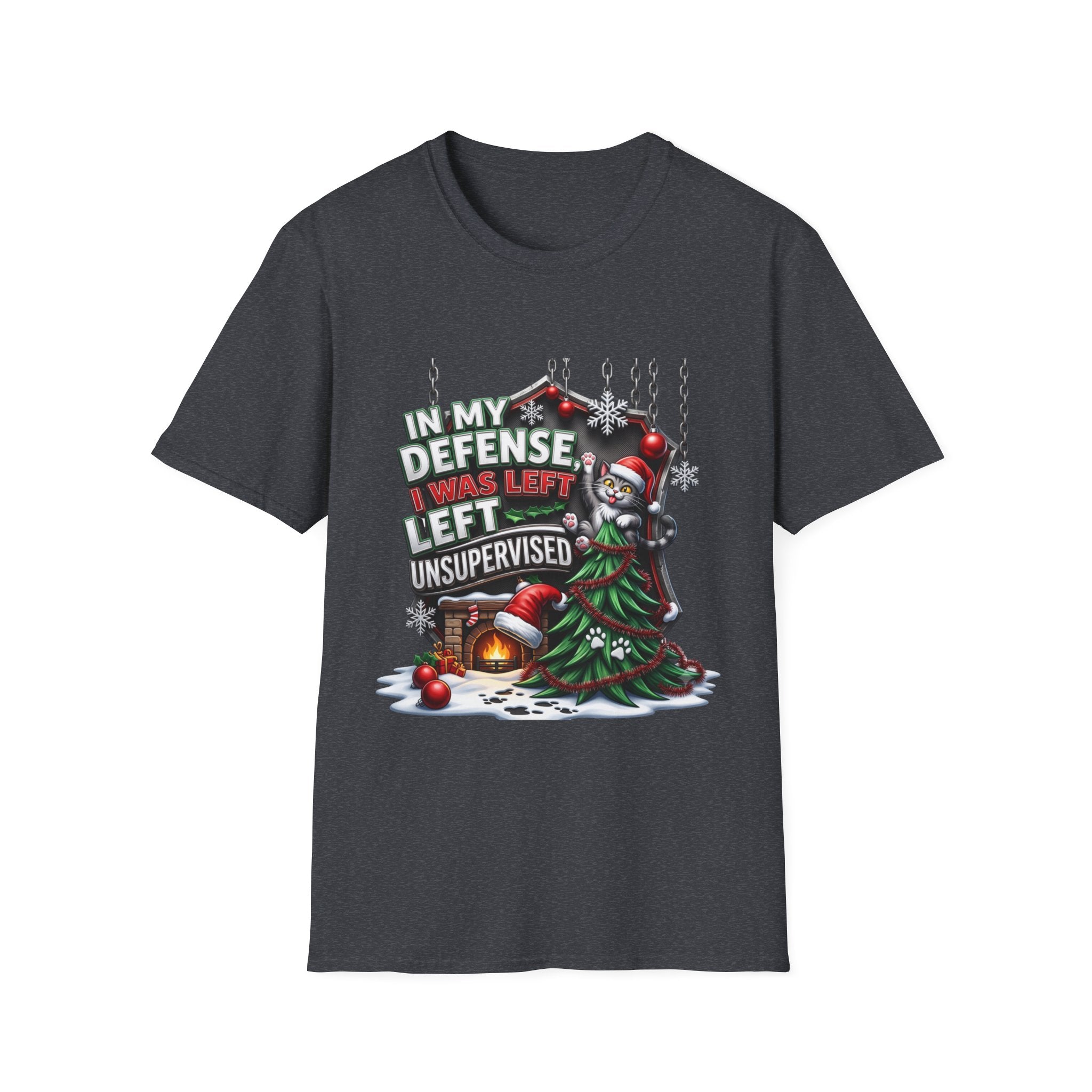 Cat In My Defense Left Unsupervised print on the front of a Dark Heather Grey t-shirt, laid flat on white