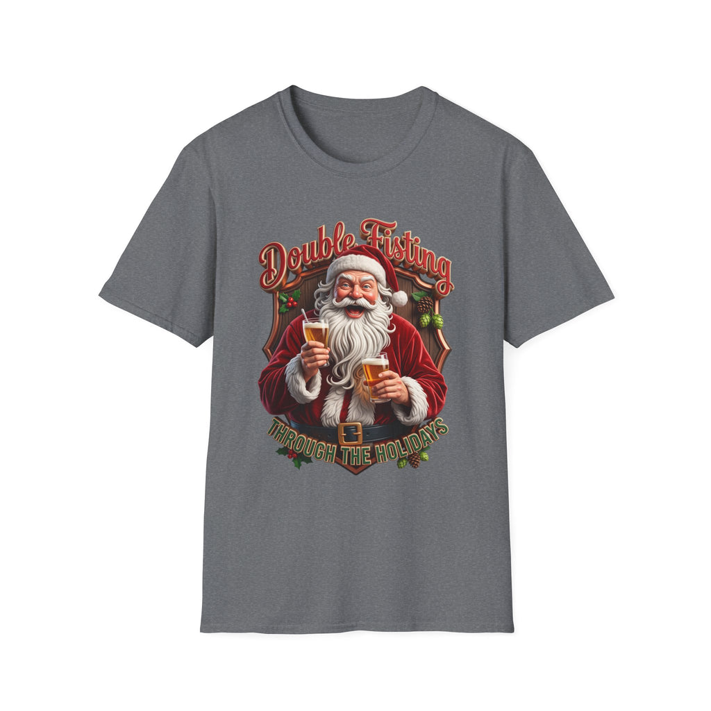 Santa Beer in Each Hand Funny print on the front of a Graphite Heather t-shirt, laid flat on white