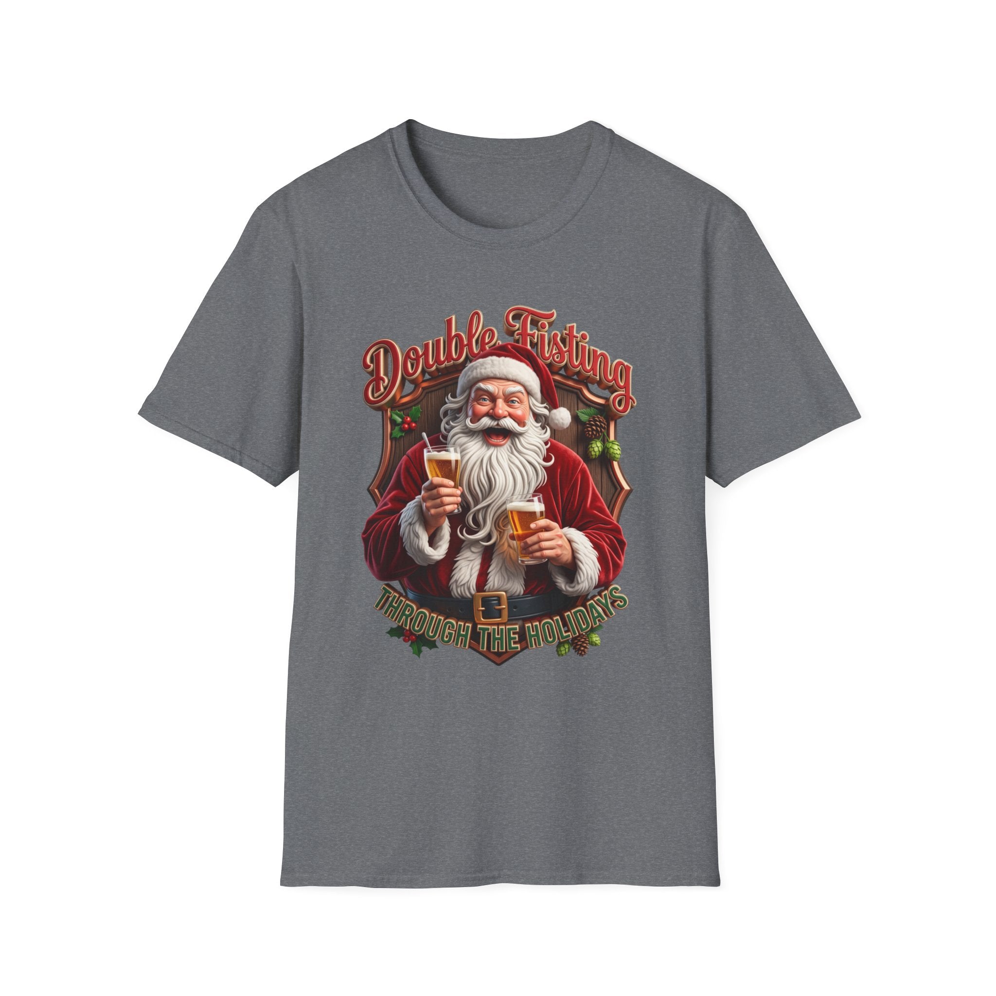 Santa Beer in Each Hand Funny print on the front of a Graphite Heather t-shirt, laid flat on white