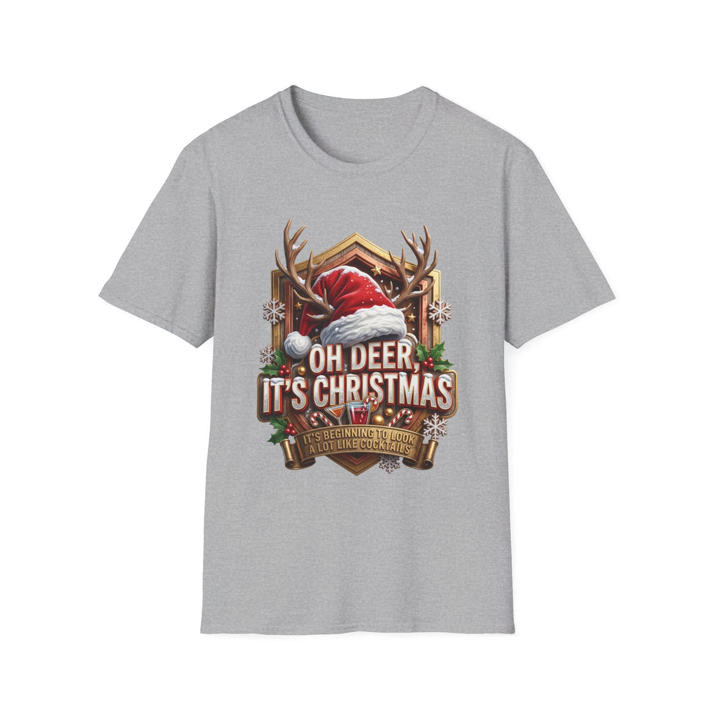 Oh Deer It's Christmas Looks a Lot Like Cocktails print on the front of a Sport Grey t-shirt, laid flat on white
