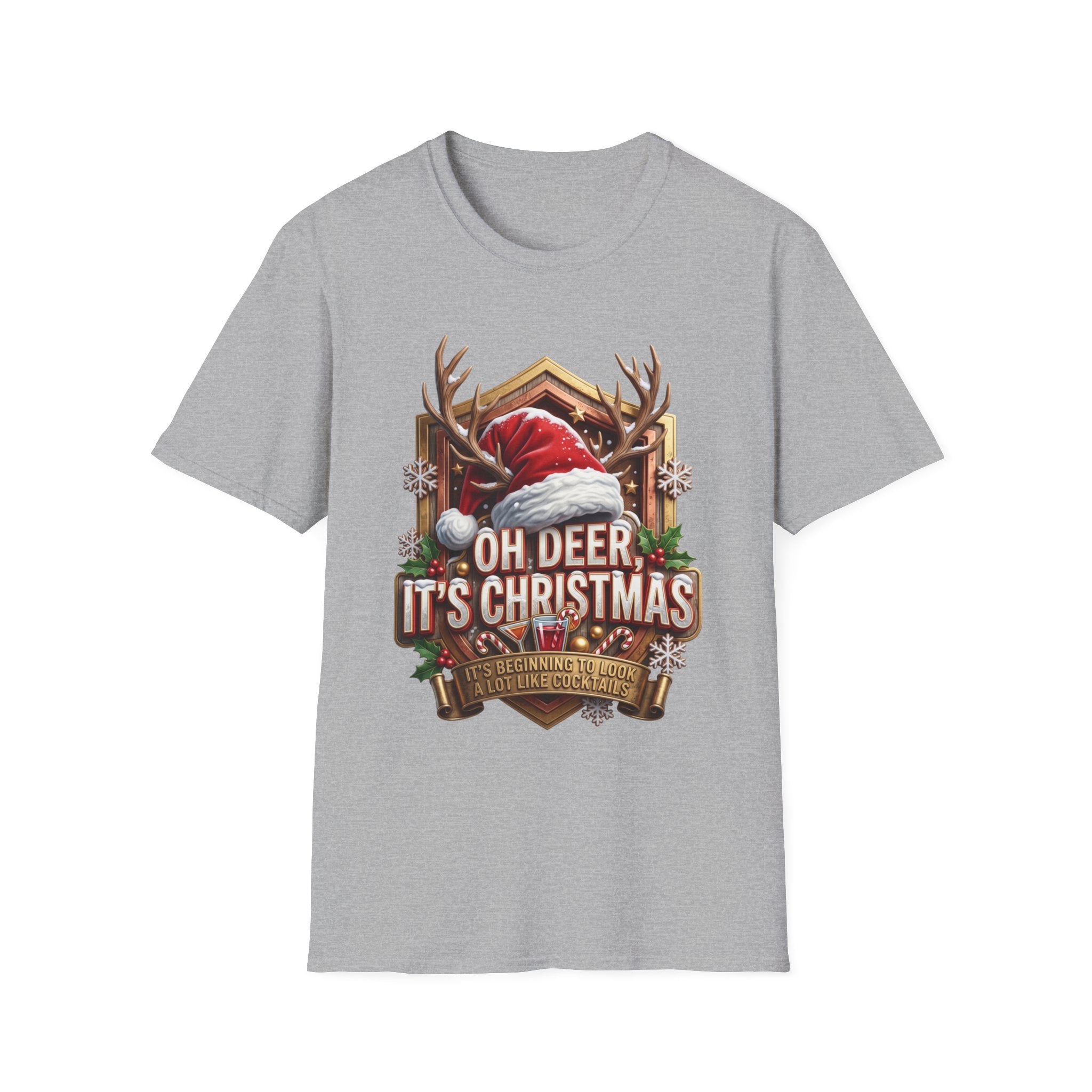 Oh Deer It's Christmas Looks a Lot Like Cocktails print on the front of a Sport Grey t-shirt, laid flat on white