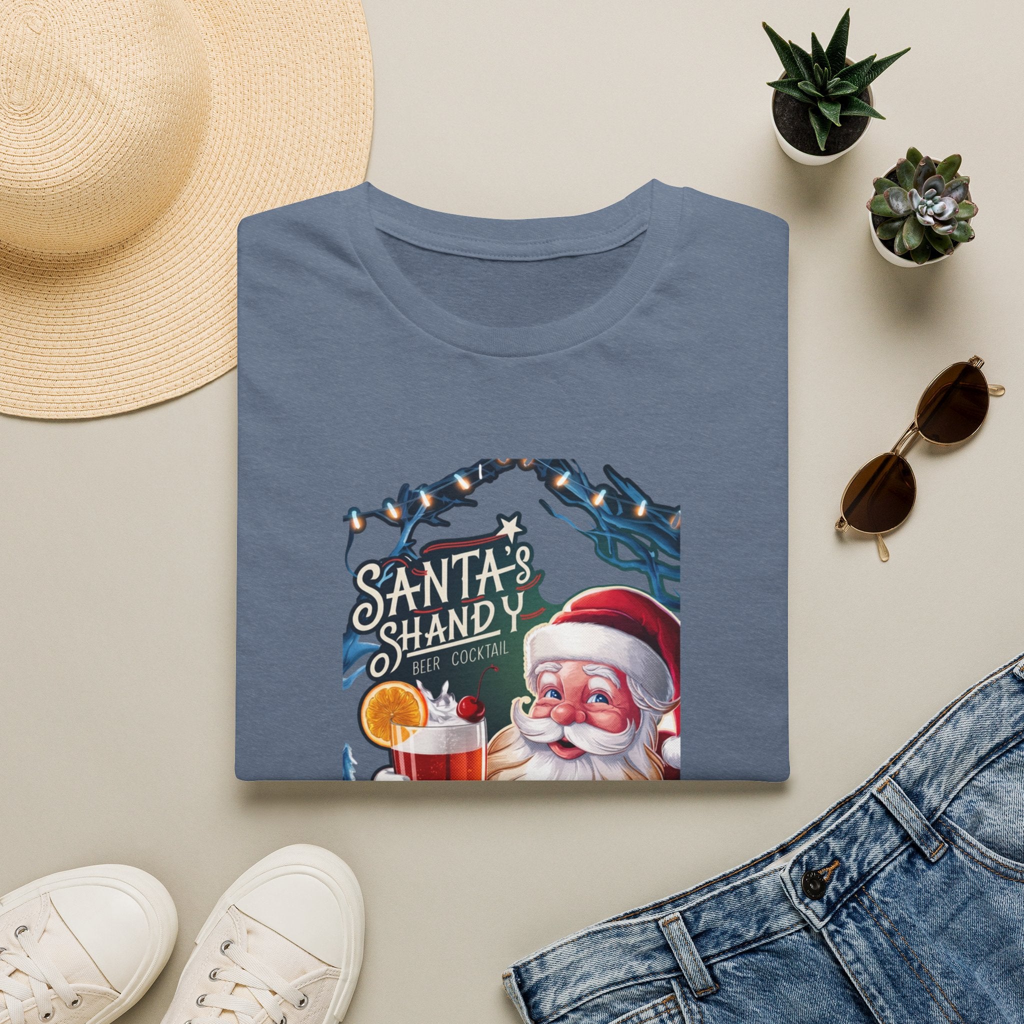 Santa's Shandy Beer Cocktail print on a Heather Indigo t-shirt, folded beside a straw hat and jeans