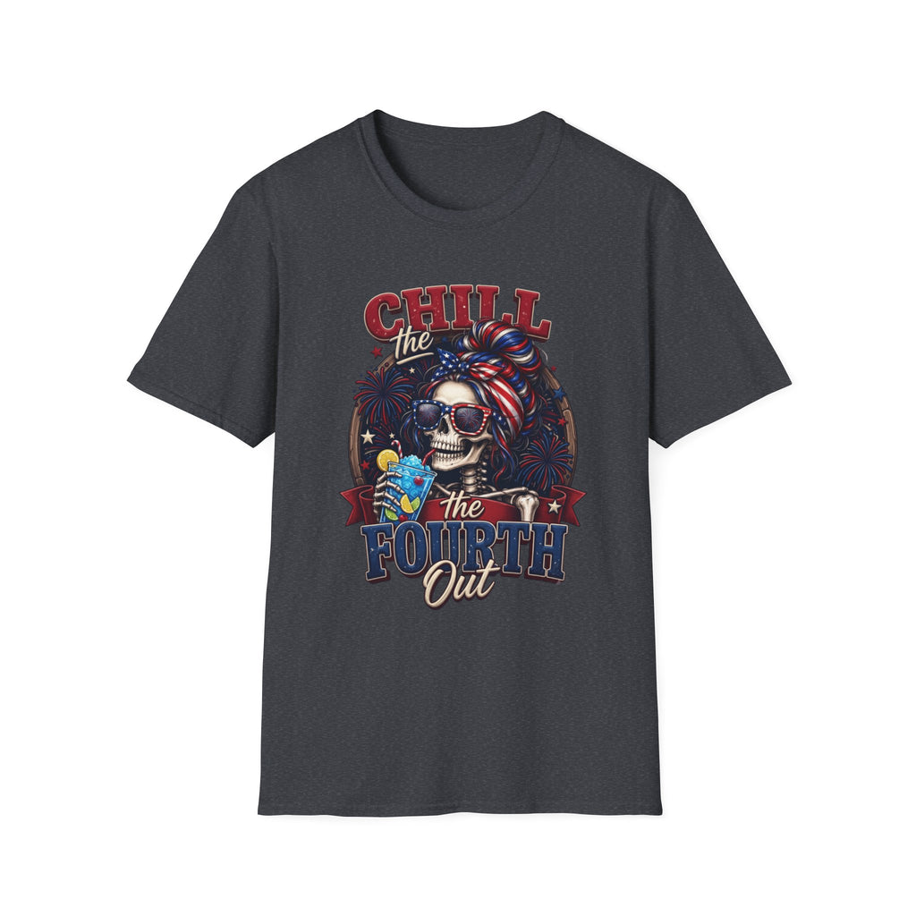 Chill the Fourth Out Patriotic Skeleton 4th of July print on the front of a Dark Heather Grey t-shirt, laid flat on white